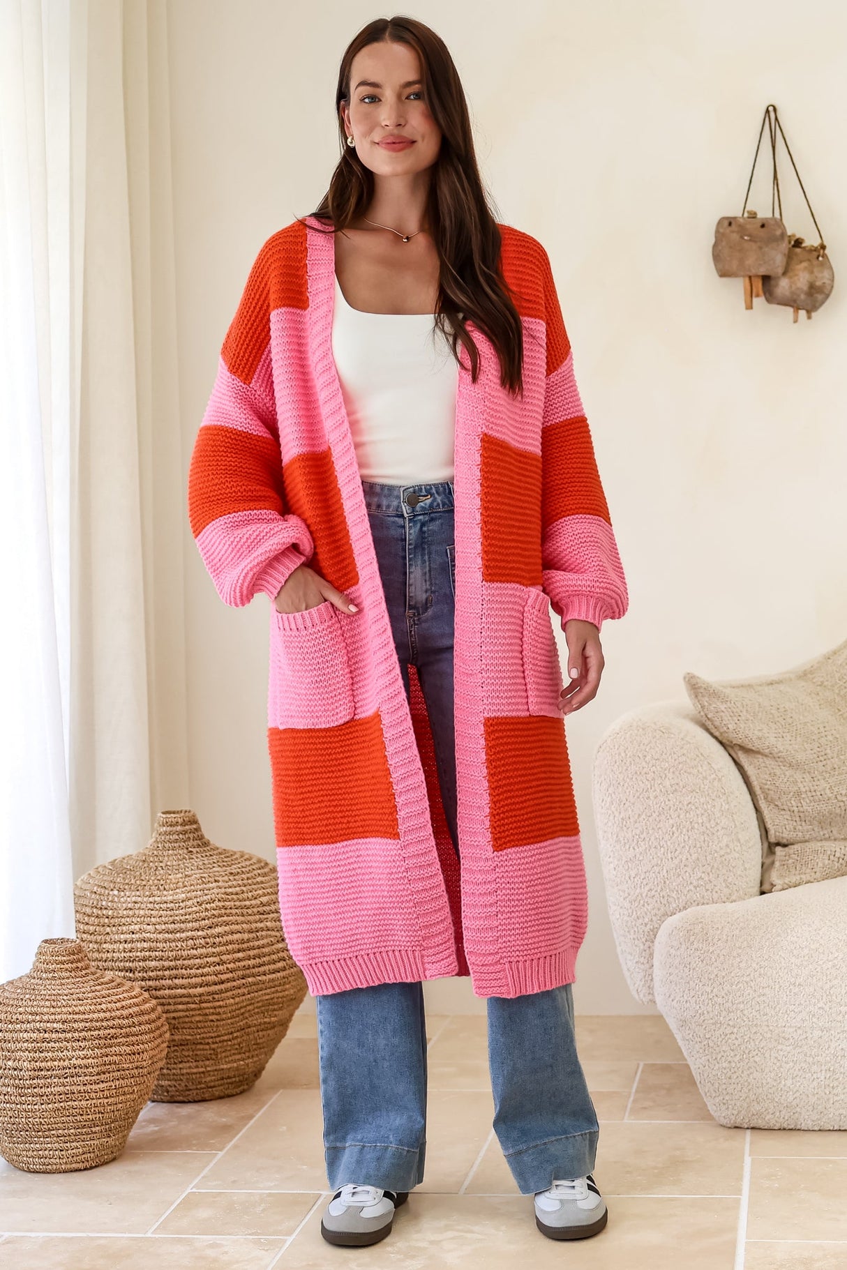 Finneas Cardigan - Longline Open Front Knit with Balloon Sleeves and Pockets in Pink
