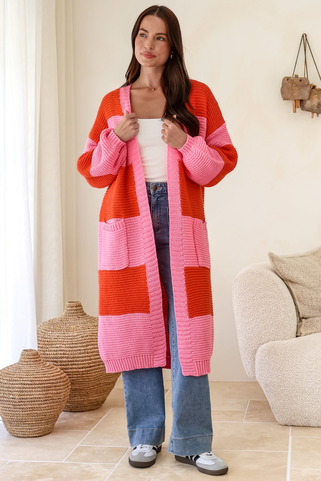 Finneas Cardigan - Longline Open Front Knit with Balloon Sleeves and Pockets in Pink