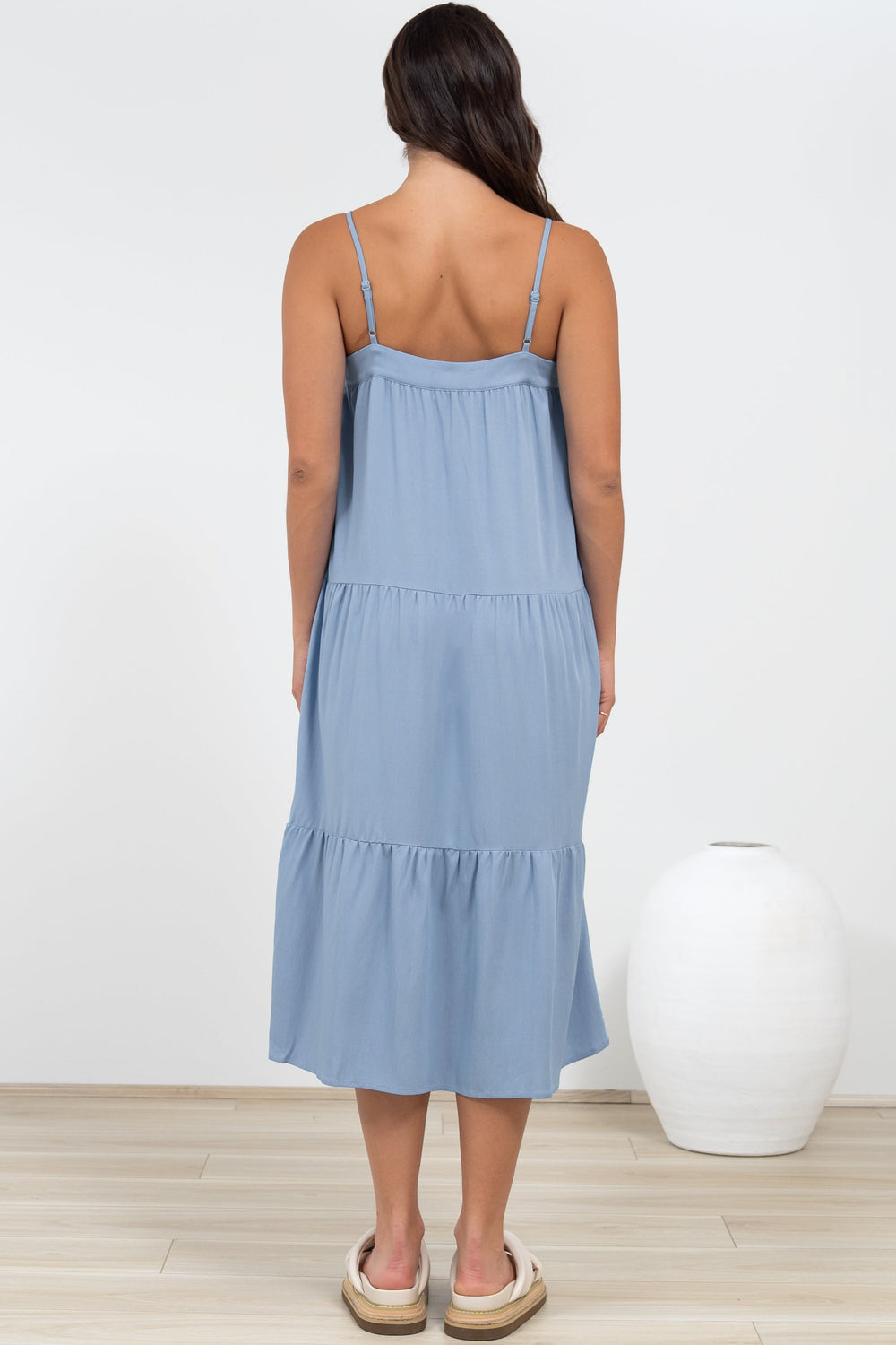 Fintan Midi Dress - Sqaure Neckline Tiered Sun Dress in Blue