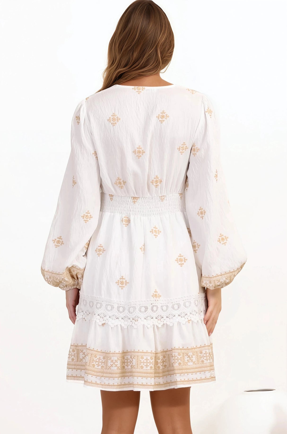 Fiona Mini Dress - V-Neck Lace Detailed Embroidered A-line Dress in Selena Print White