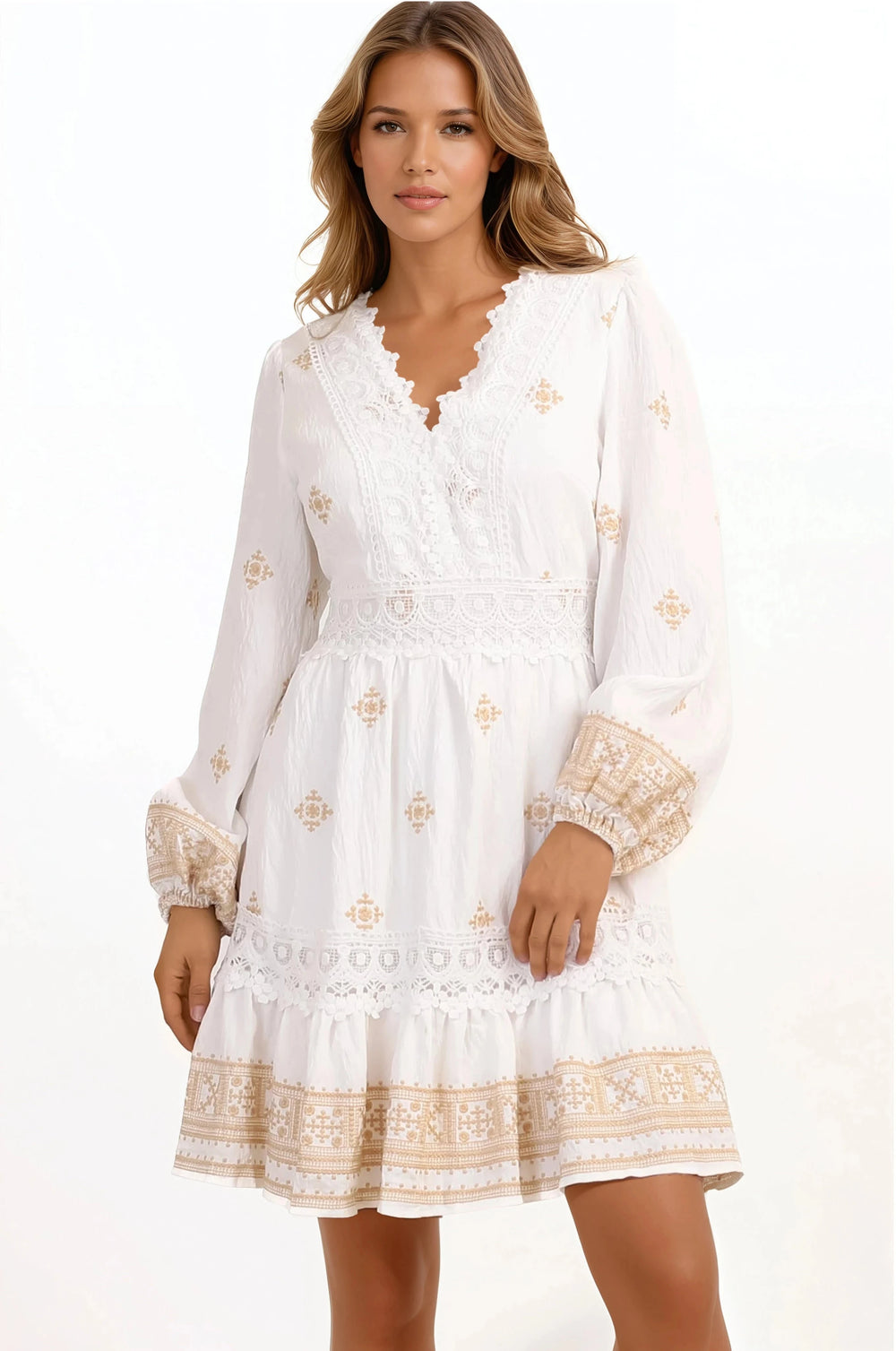 Fiona Mini Dress - V-Neck Lace Detailed Embroidered A-line Dress in Selena Print White