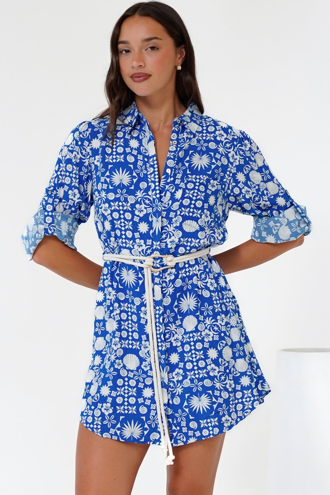 Fionna Mini Dress - Rolled Sleeve Button Down with Rope Belt in Ember Print