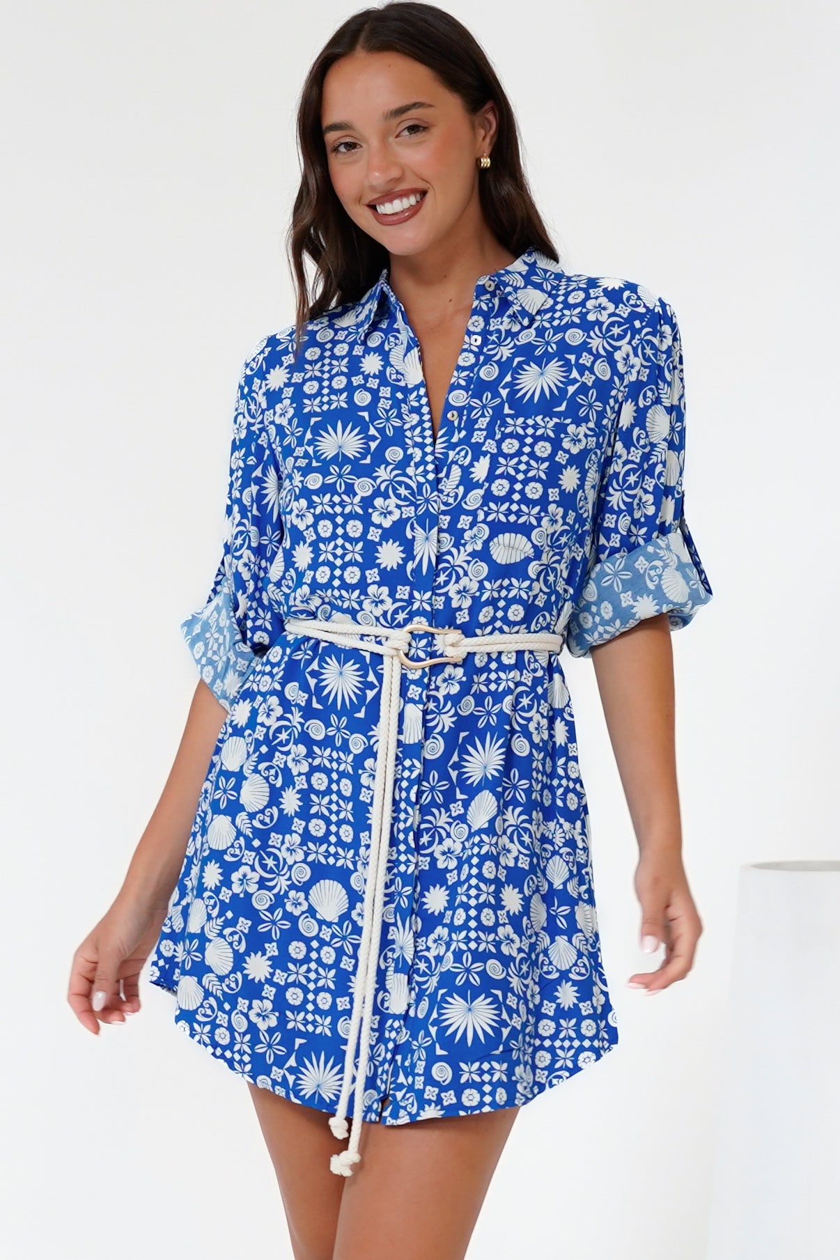 Fionna Mini Dress - Rolled Sleeve Button Down with Rope Belt in Ember Print