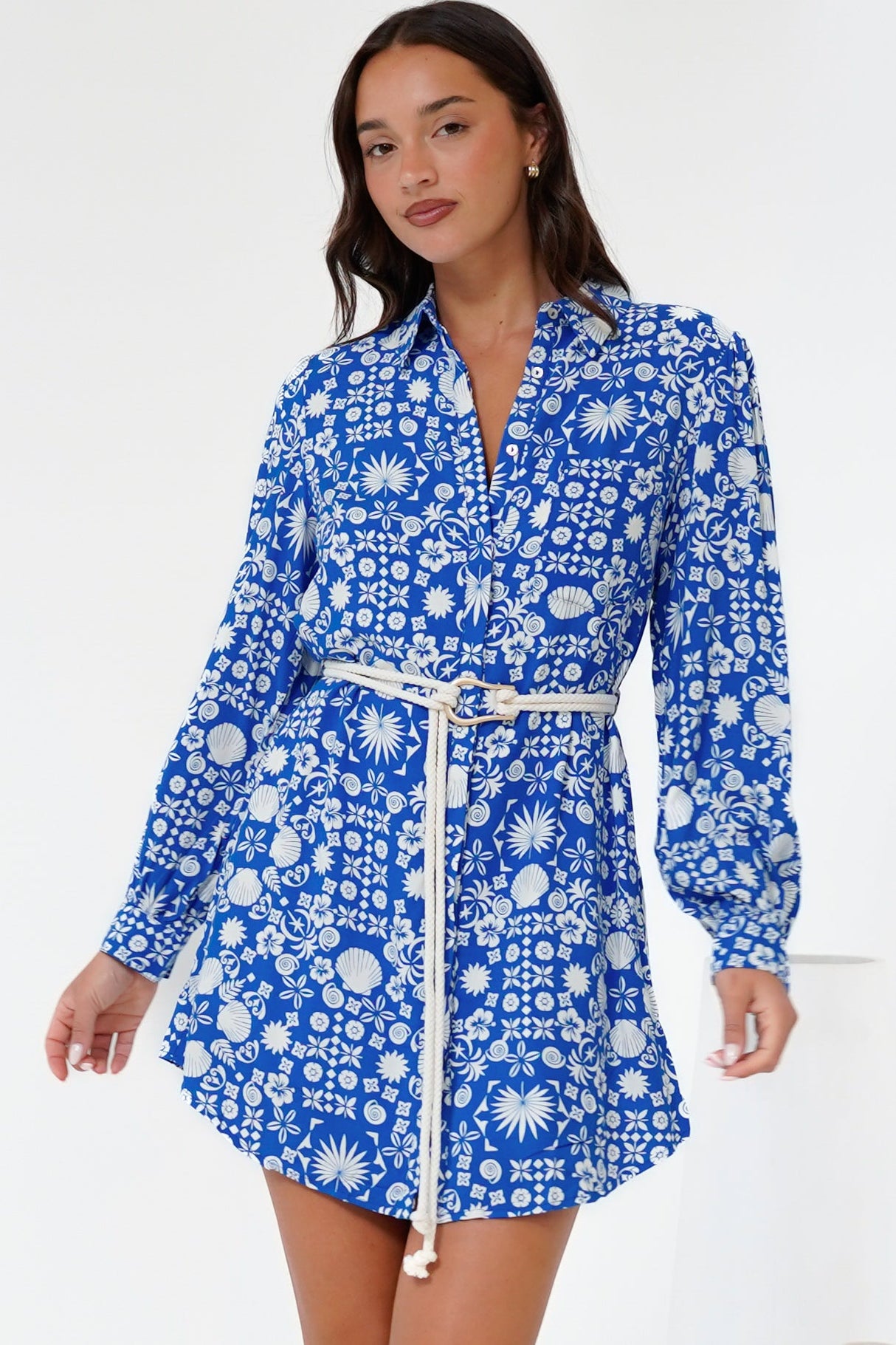 Fionna Mini Dress - Rolled Sleeve Button Down with Rope Belt in Ember Print