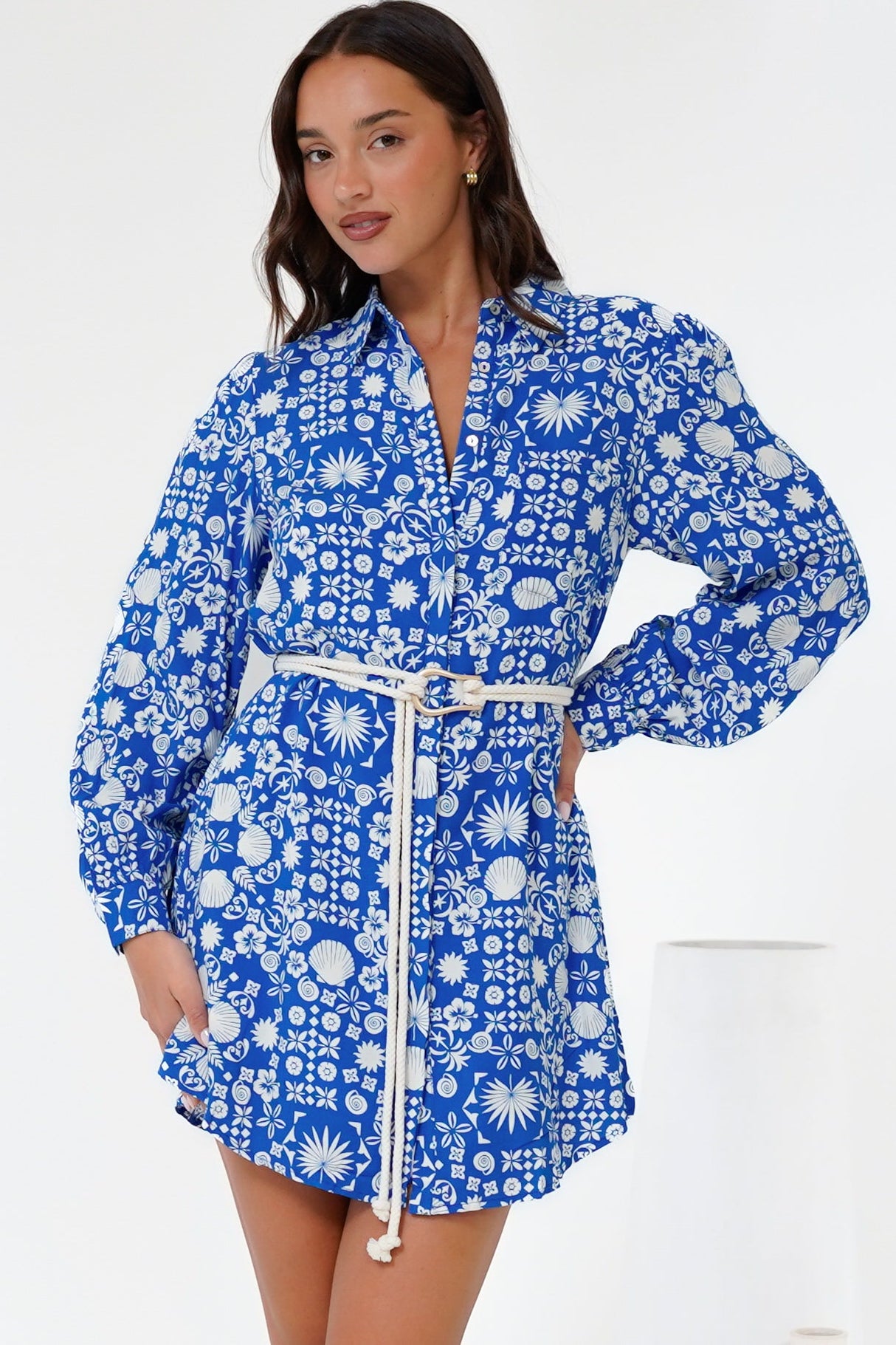 Fionna Mini Dress - Rolled Sleeve Button Down with Rope Belt in Ember Print