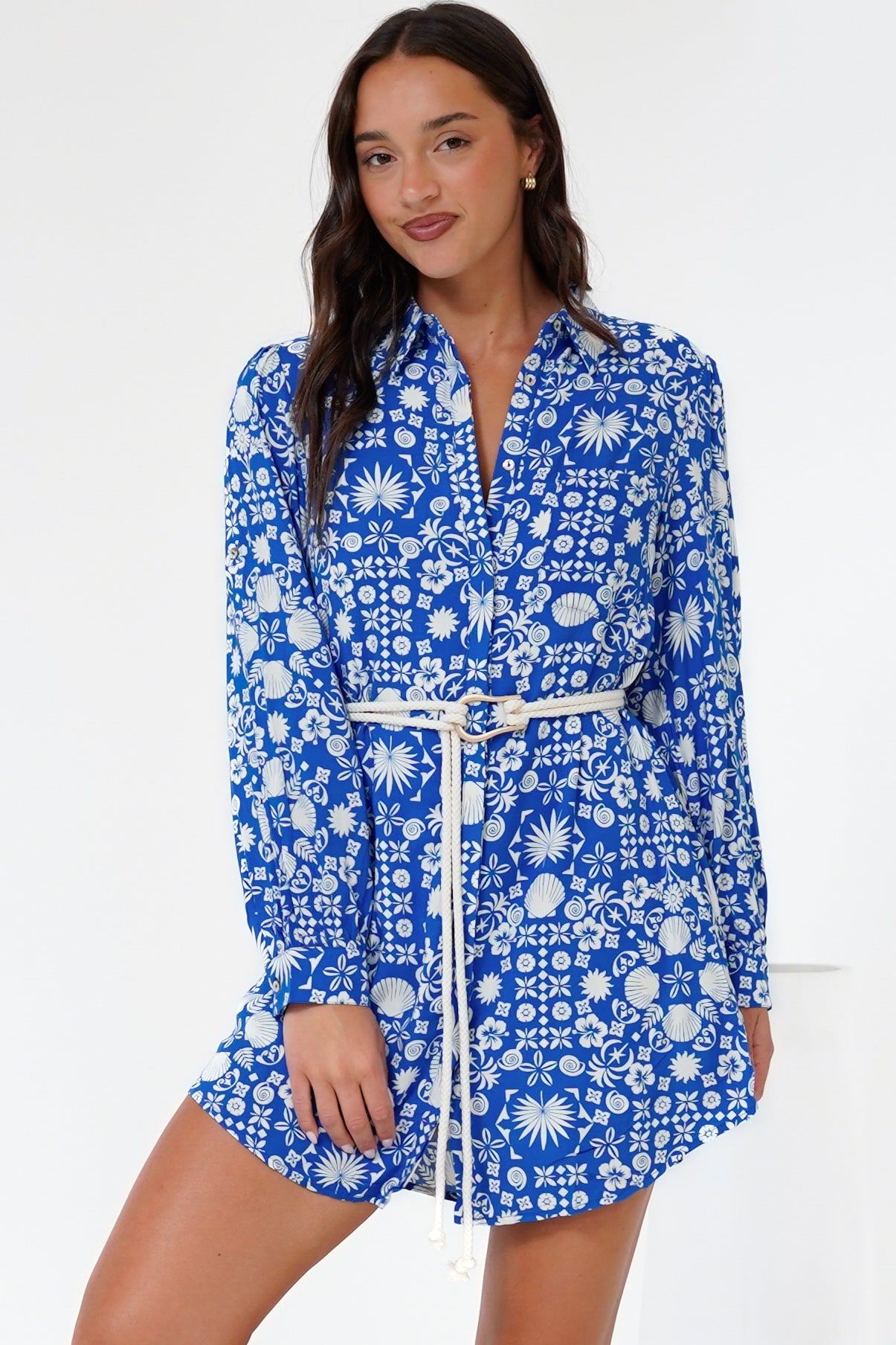 Fionna Mini Dress - Rolled Sleeve Button Down with Rope Belt in Ember Print