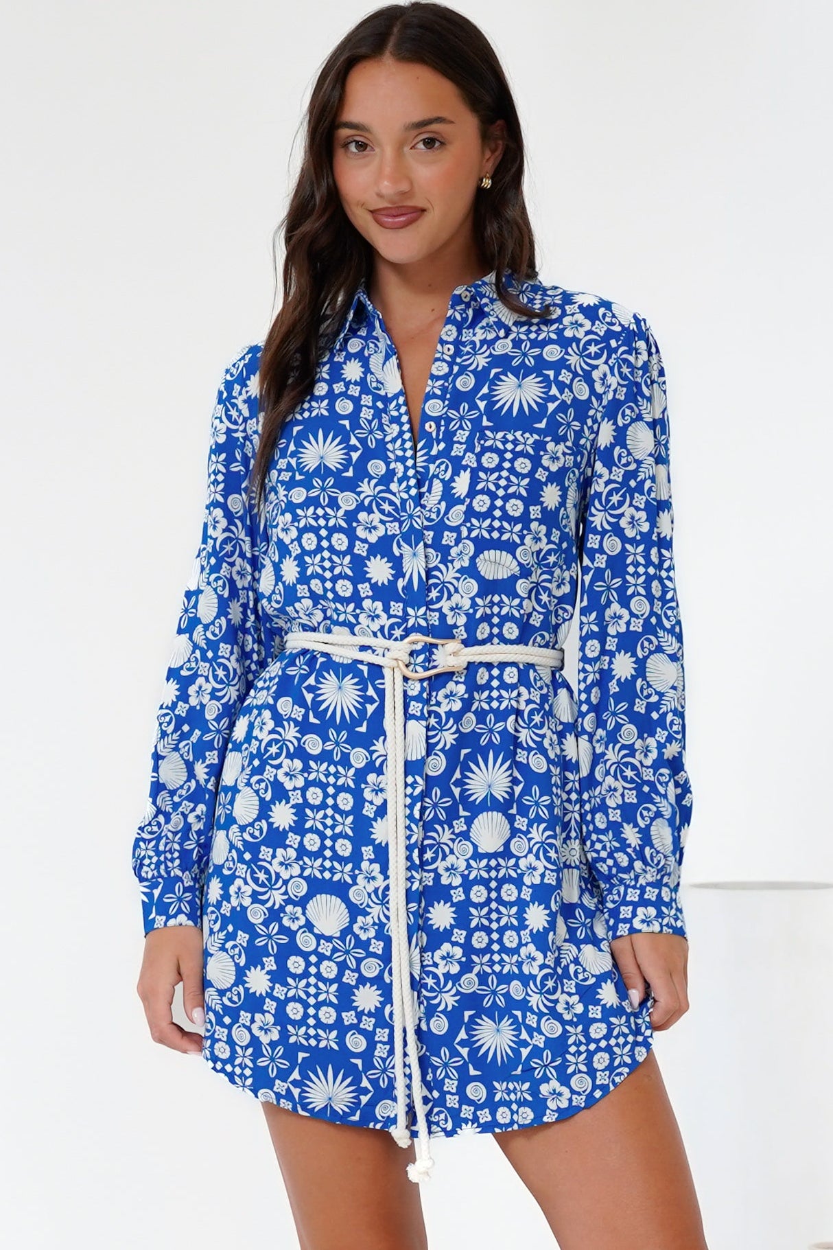 Fionna Mini Dress - Rolled Sleeve Button Down with Rope Belt in Ember Print