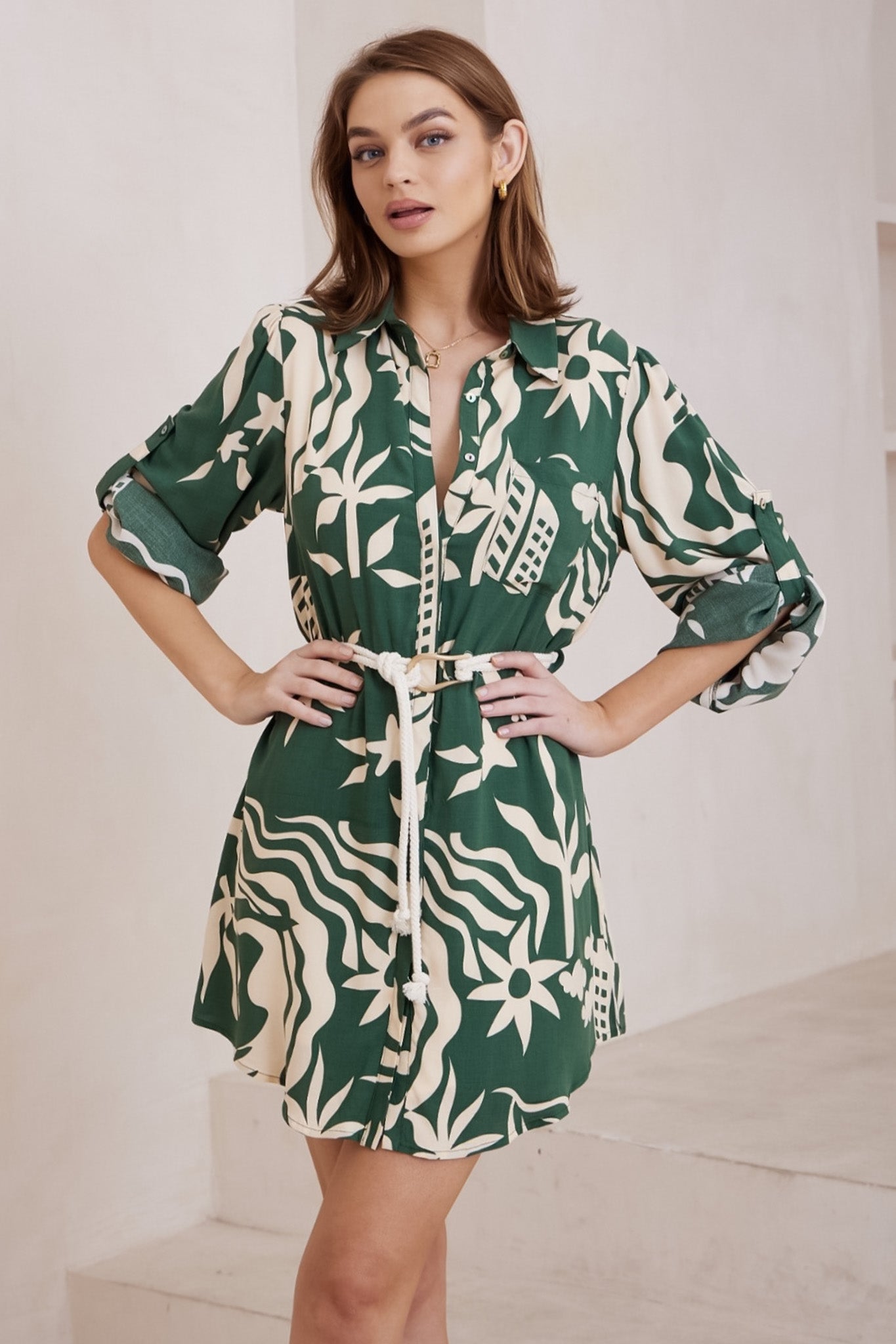 Fionna Mini Dress - Rolled Sleeve Button Down with Rope Belt in Salt Lake Print Green