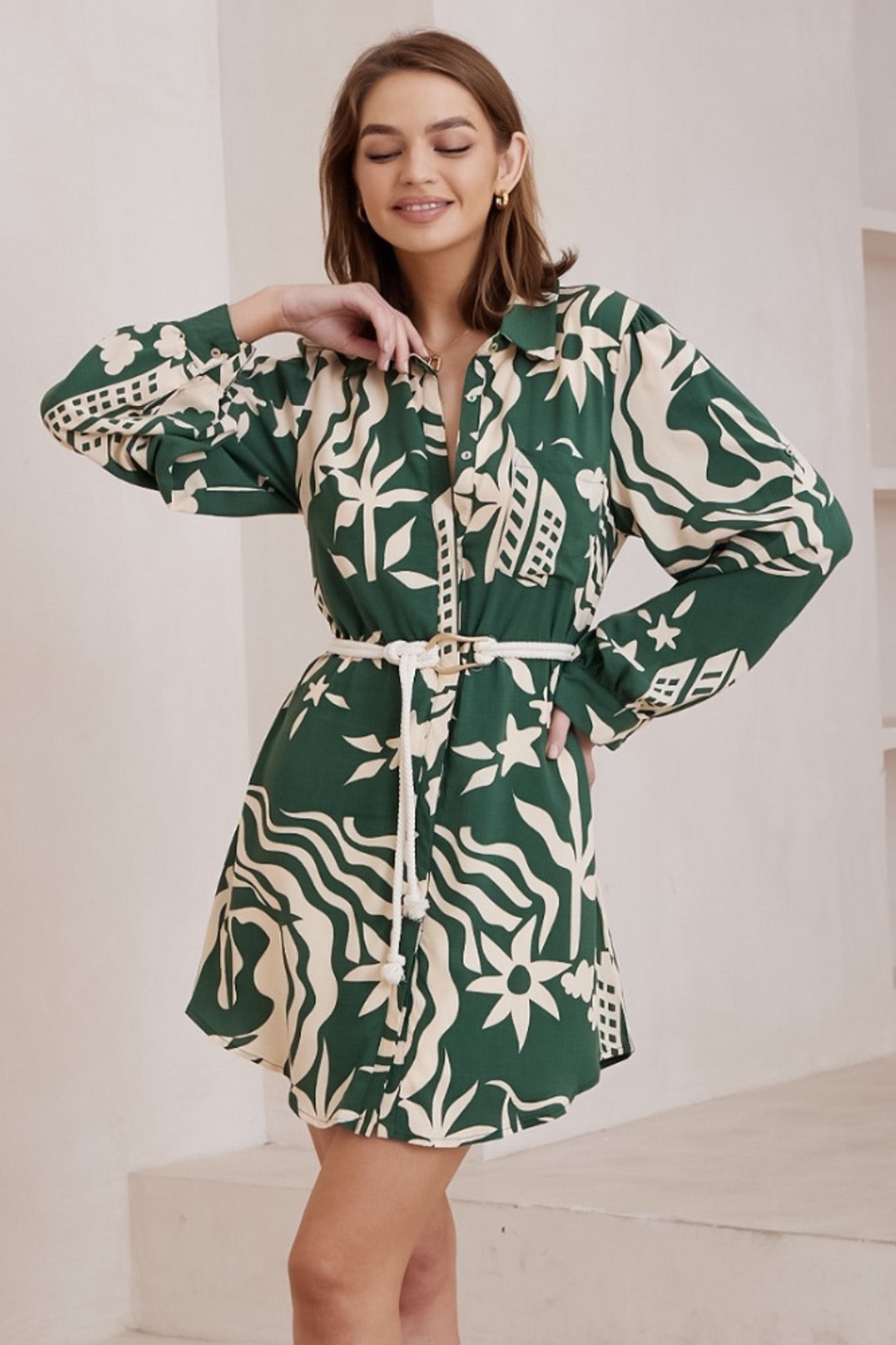Fionna Mini Dress - Rolled Sleeve Button Down with Rope Belt in Salt Lake Print Green