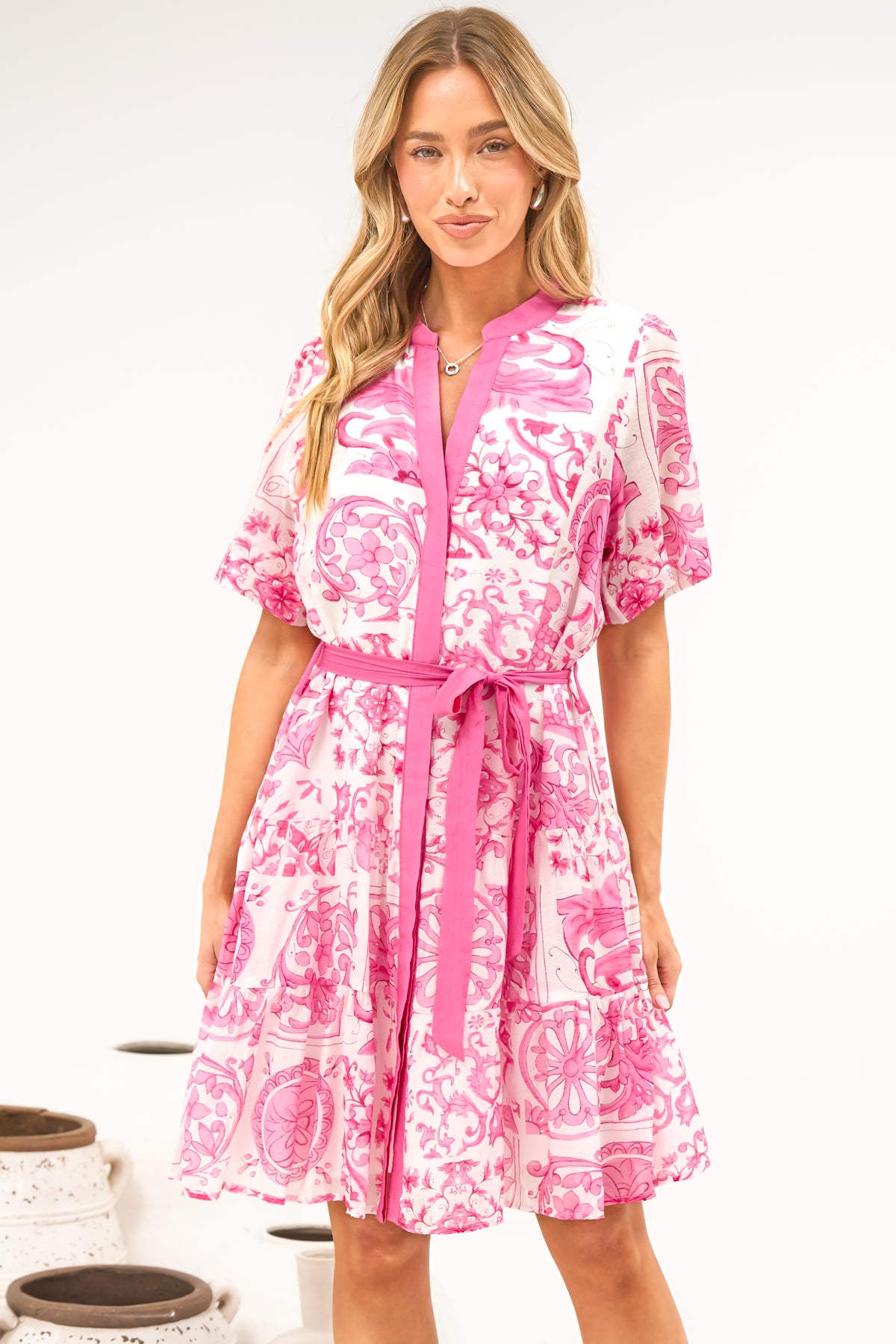 Floretta Mini Dress - Mandarin Collared Button Down Shirt Dress with Waist Tie in Fleurie Print