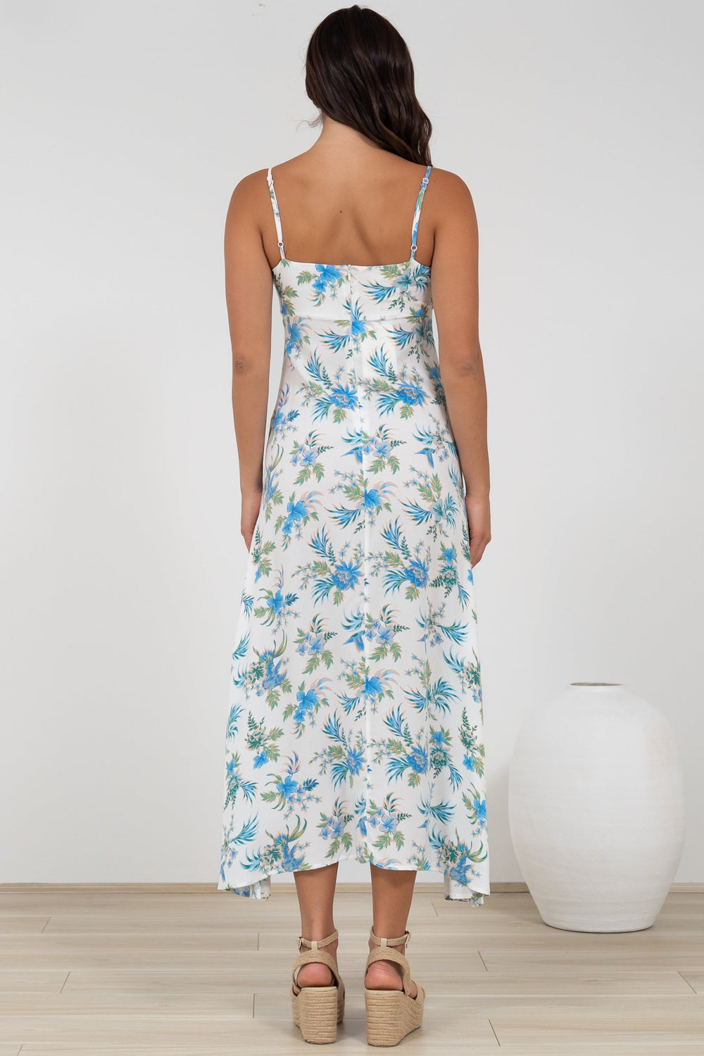 Foley Midi Dress - Tie Up Bodice Sun Dress with Adjustable Straps in Blue Bird Print