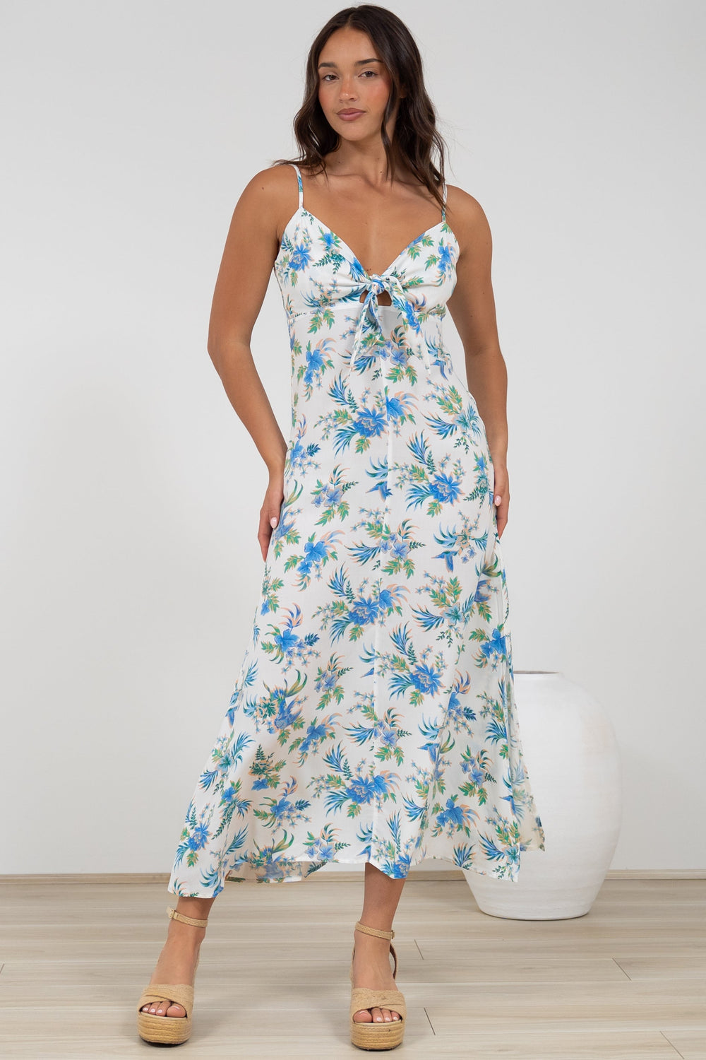 Foley Midi Dress - Tie Up Bodice Sun Dress with Adjustable Straps in Blue Bird Print