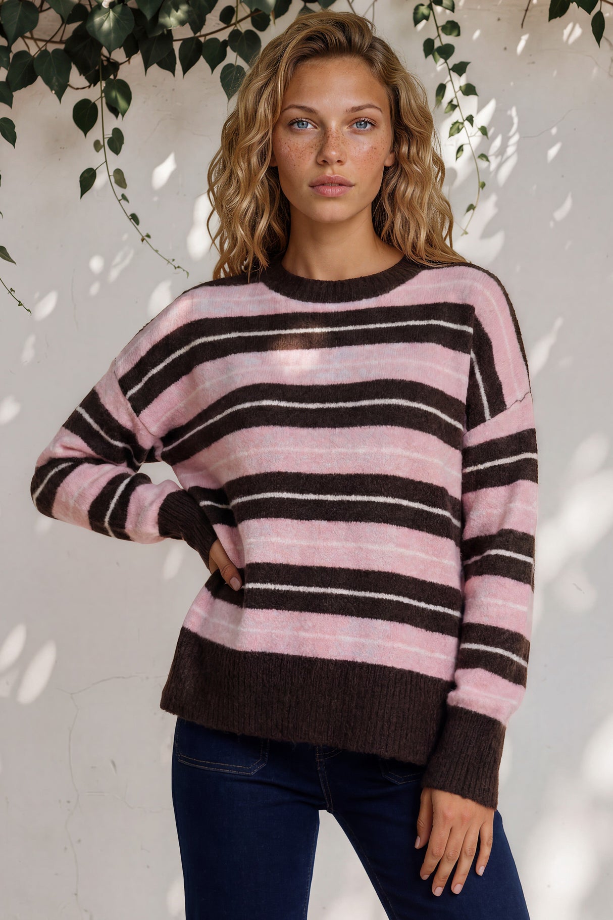 Model wearing Fowley Jumper in Pink/Chocolate from Salty Crush