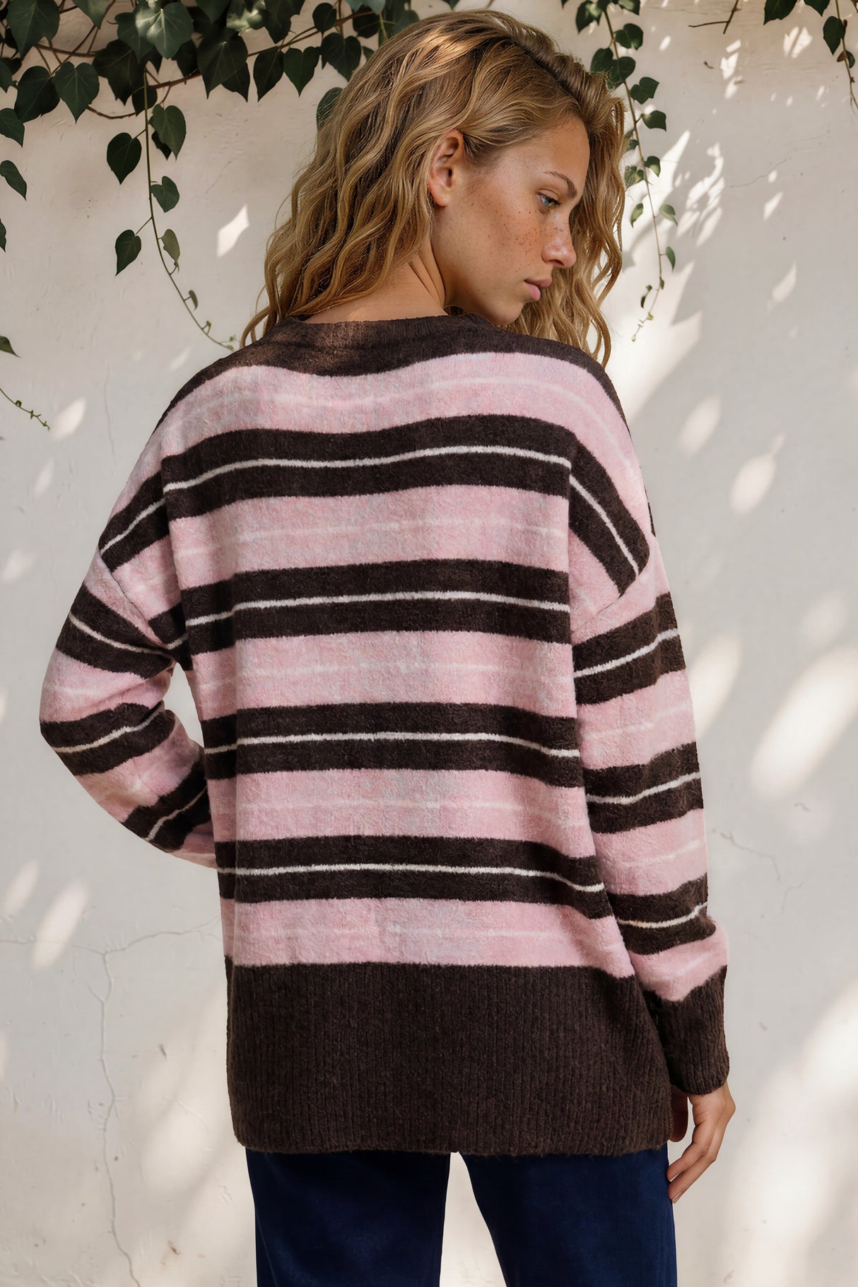 Model wearing Fowley Jumper in Pink/Chocolate from Salty Crush