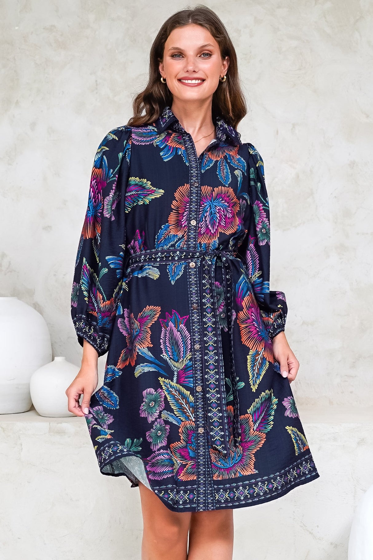 Francini Mini Dress - Collared Shirt Dress with Matching Belt in Elle Print Navy