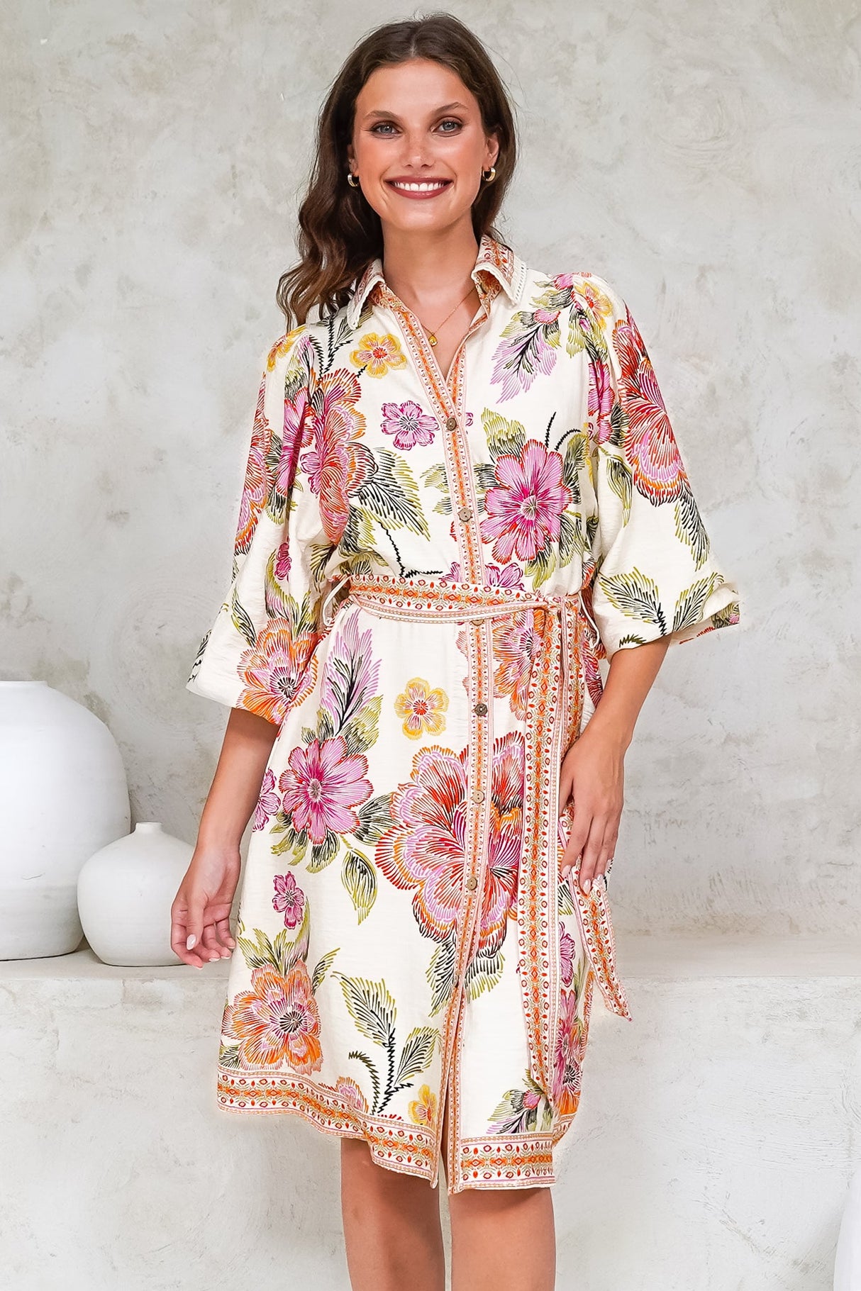 Francini Mini Dress - Collared Shirt Dress with Matching Belt in Elle Print Pink