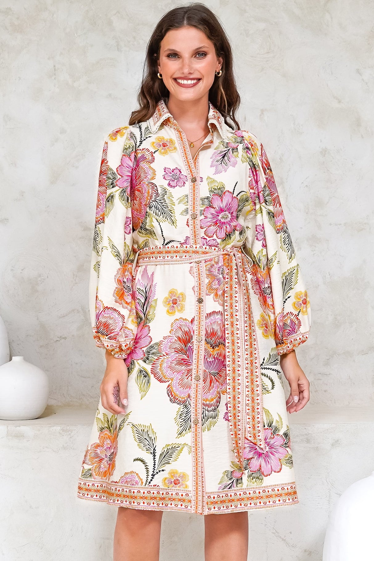 Francini Mini Dress - Collared Shirt Dress with Matching Belt in Elle Print Pink