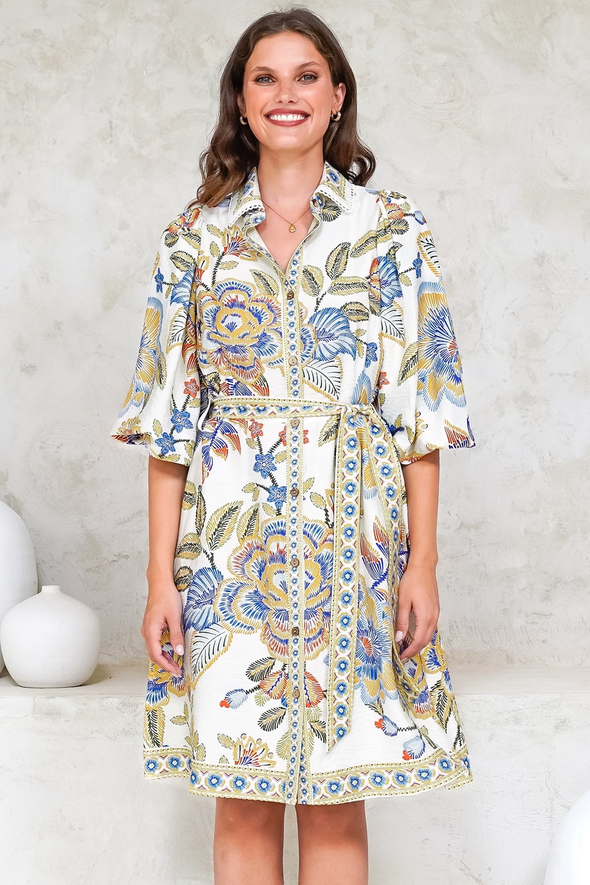 Francini Mini Dress - Collared Shirt Dress with Matching Belt in Elle Print White