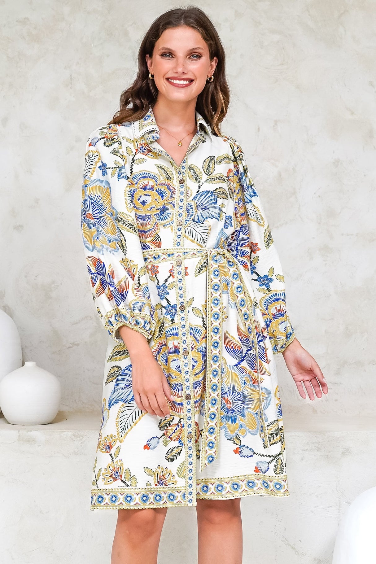 Francini Mini Dress - Collared Shirt Dress with Matching Belt in Elle Print White