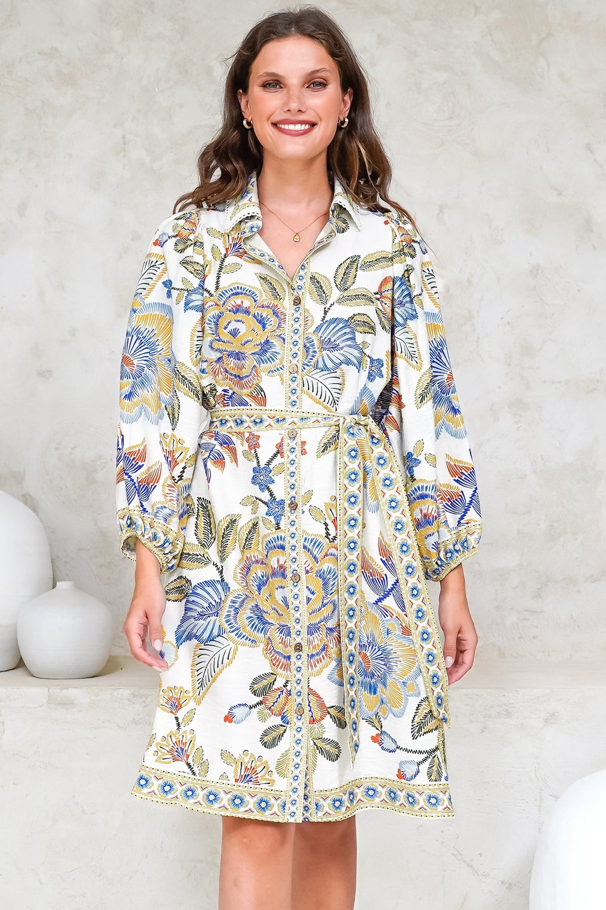 Francini Mini Dress - Collared Shirt Dress with Matching Belt in Elle Print White