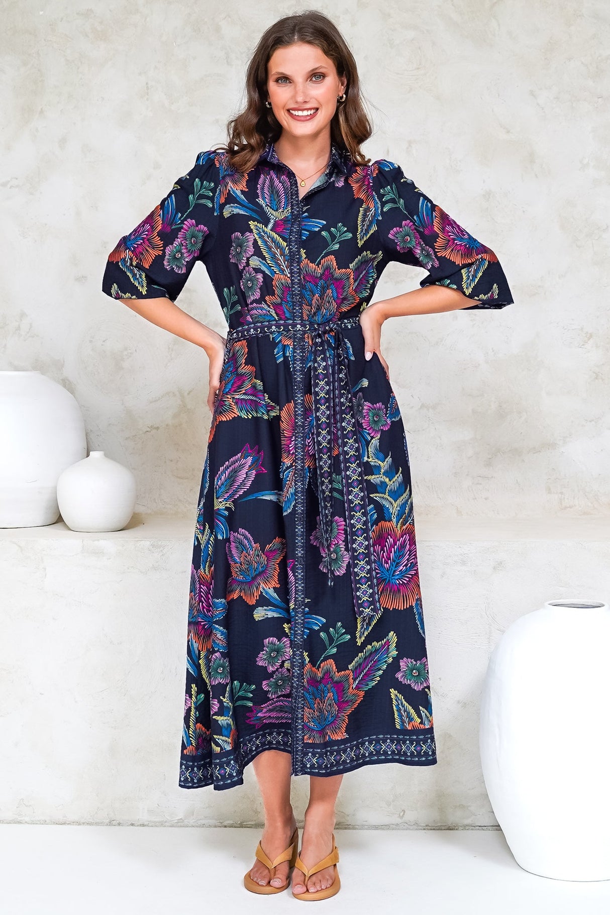 Francis Midi Dress - Collared Shirt Dress with Matching Belt in Elle Print Navy