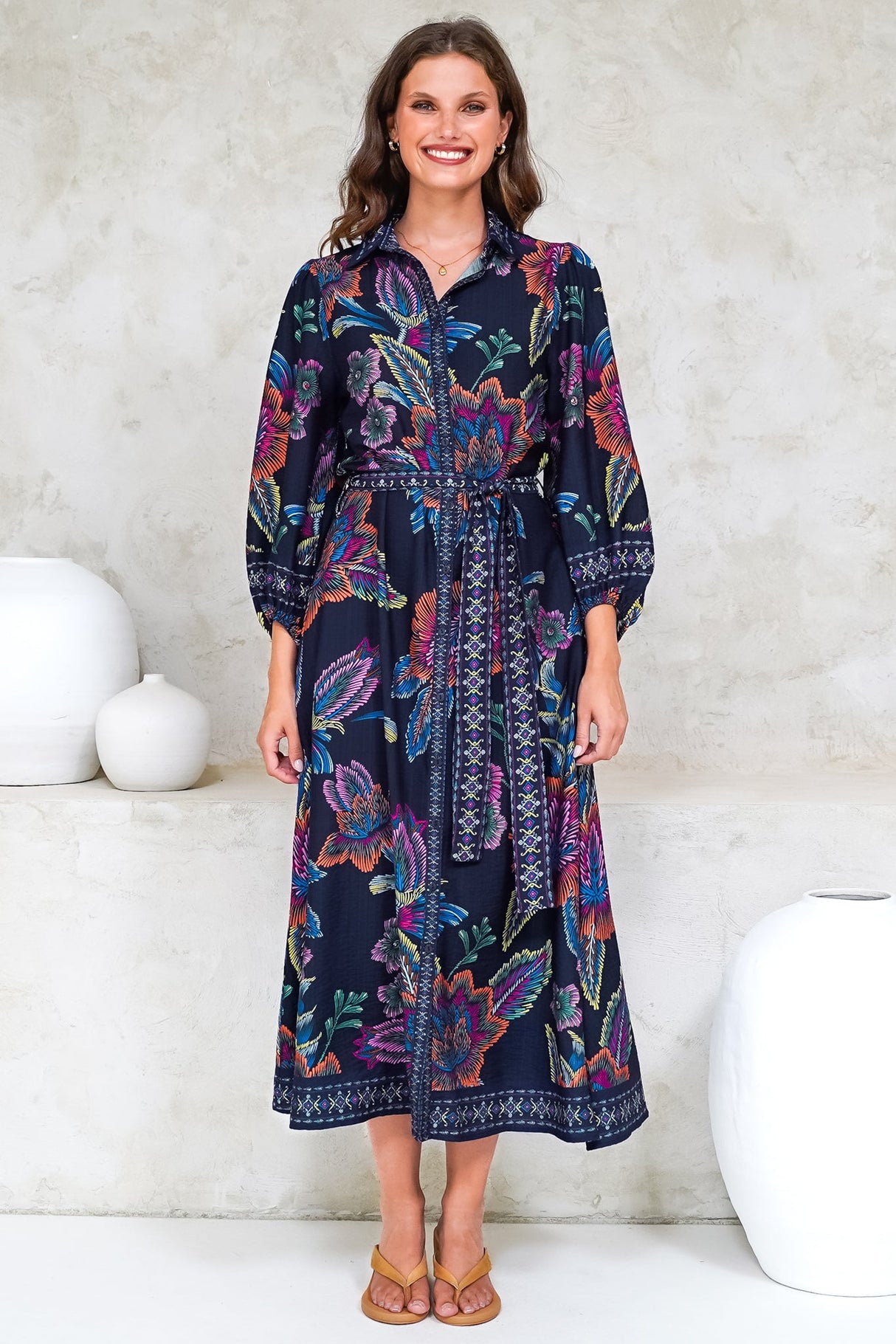 Francis Midi Dress - Collared Shirt Dress with Matching Belt in Elle Print Navy