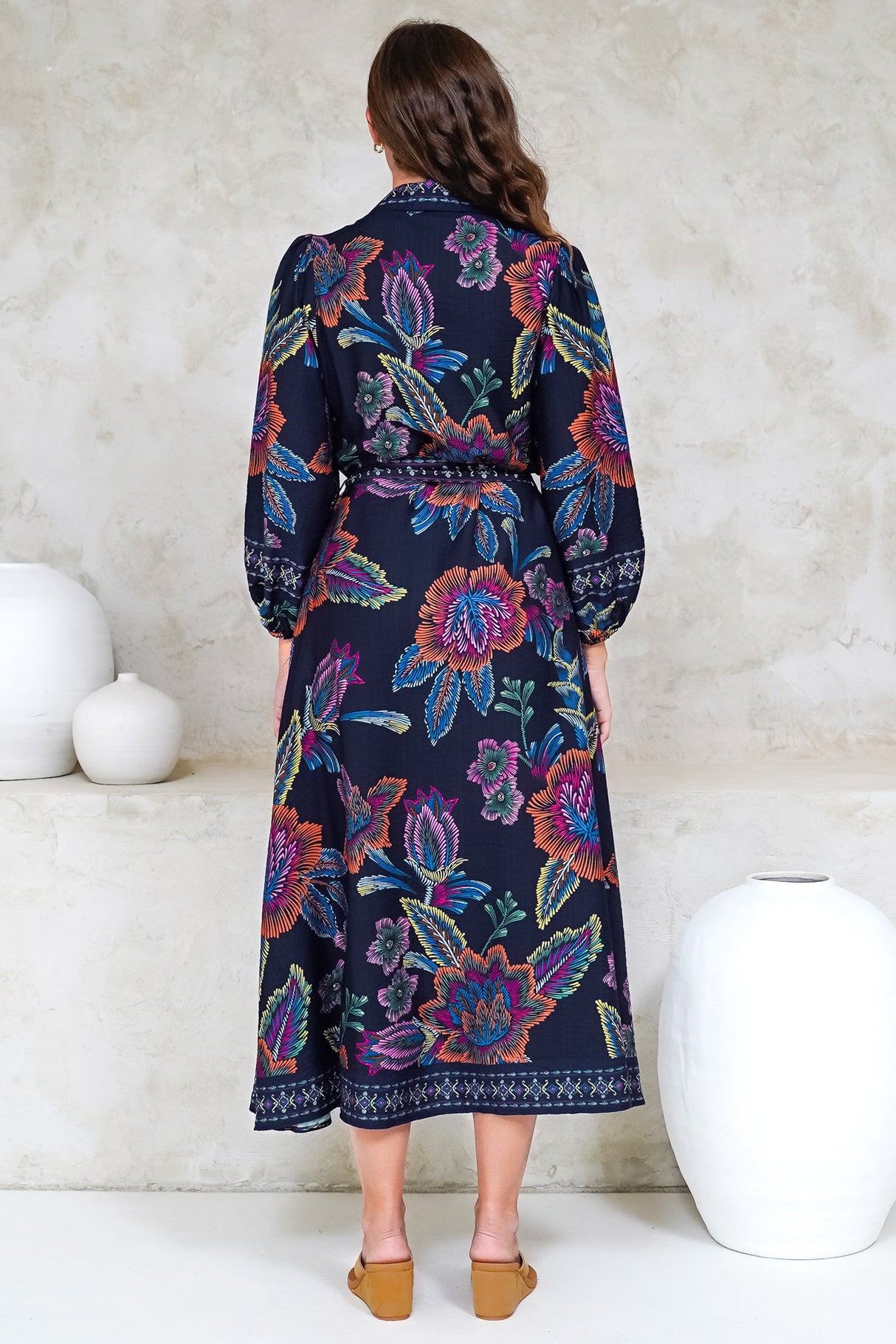 Francis Midi Dress - Collared Shirt Dress with Matching Belt in Elle Print Navy