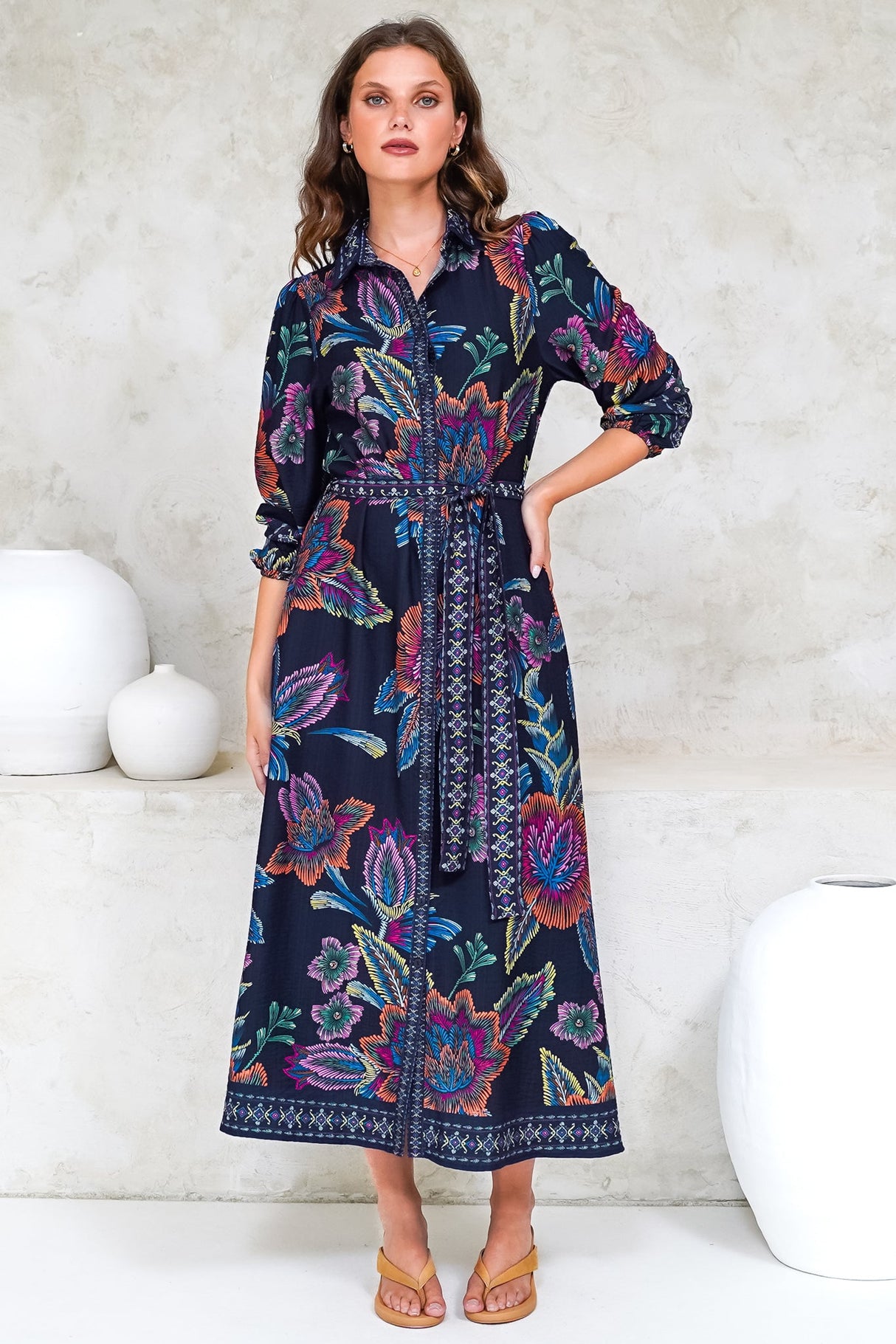 Francis Midi Dress - Collared Shirt Dress with Matching Belt in Elle Print Navy