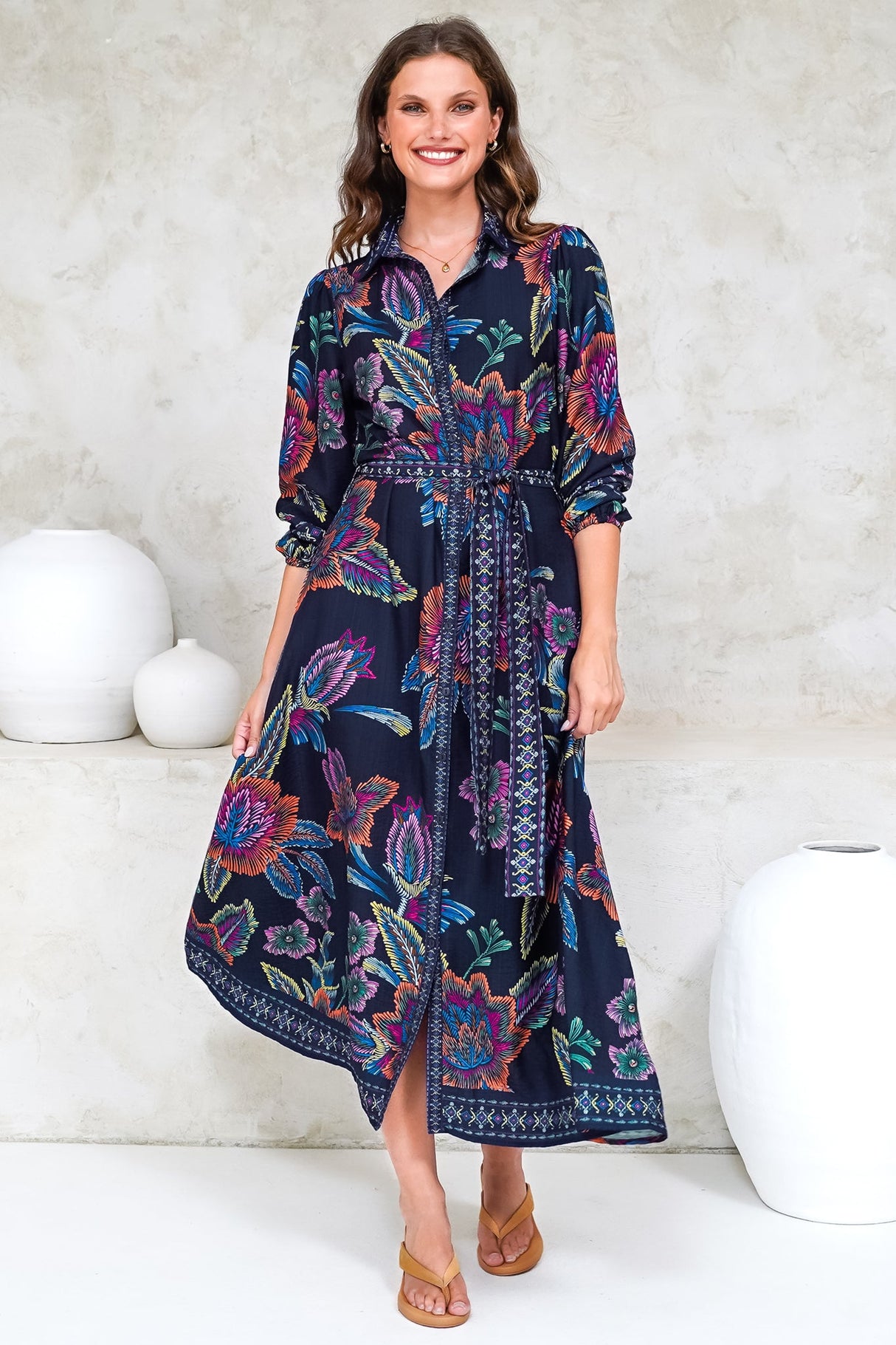 Francis Midi Dress - Collared Shirt Dress with Matching Belt in Elle Print Navy