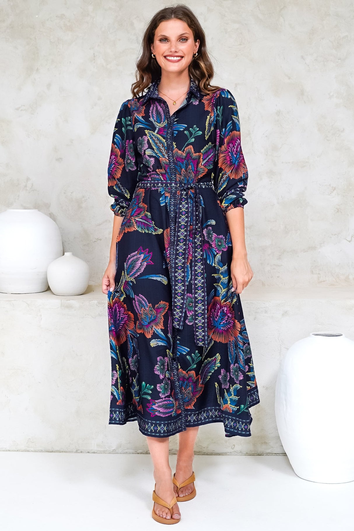 Francis Midi Dress - Collared Shirt Dress with Matching Belt in Elle Print Navy