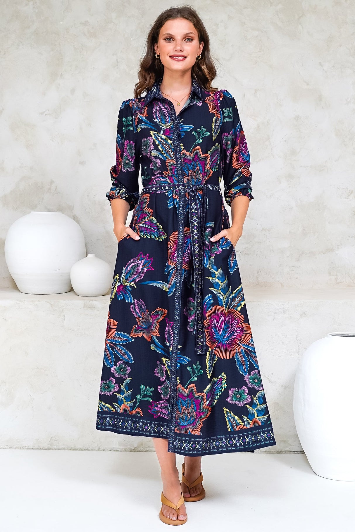 Francis Midi Dress - Collared Shirt Dress with Matching Belt in Elle Print Navy