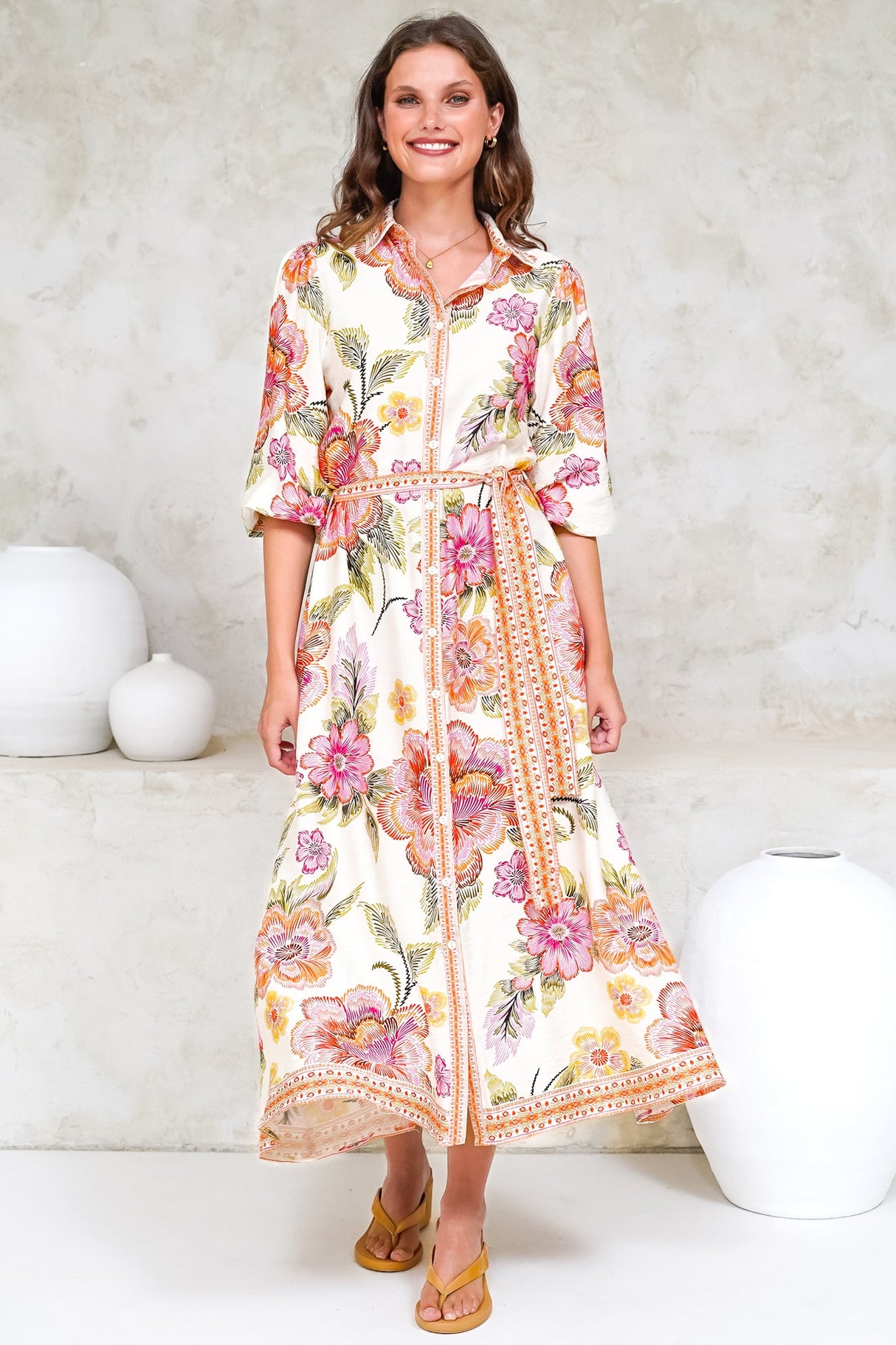 Francis Midi Dress - Collared Shirt Dress with Matching Belt in Elle Print Pink