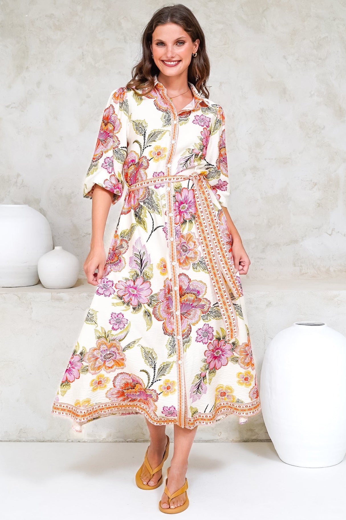 Francis Midi Dress - Collared Shirt Dress with Matching Belt in Elle Print Pink