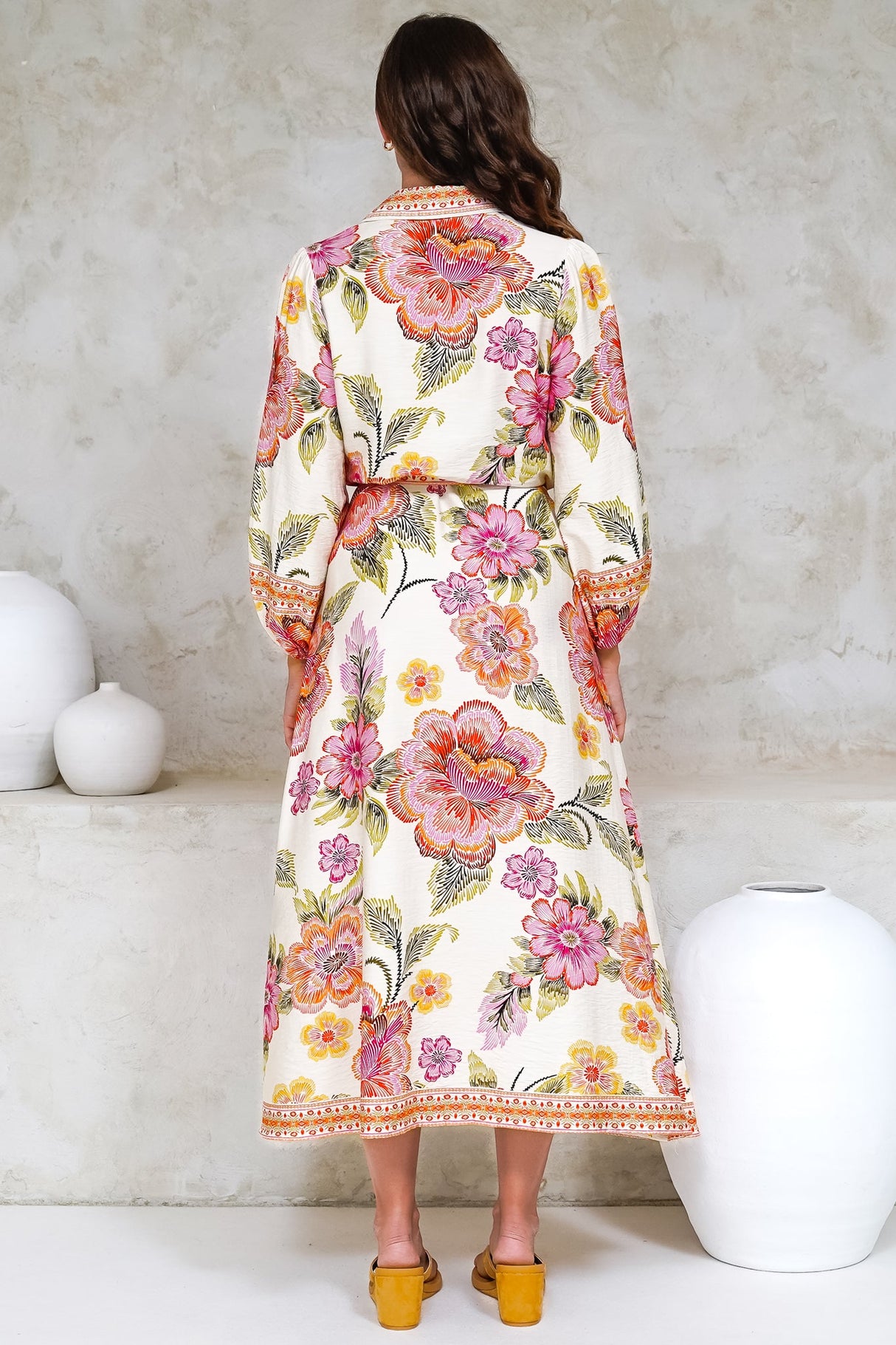 Francis Midi Dress - Collared Shirt Dress with Matching Belt in Elle Print Pink