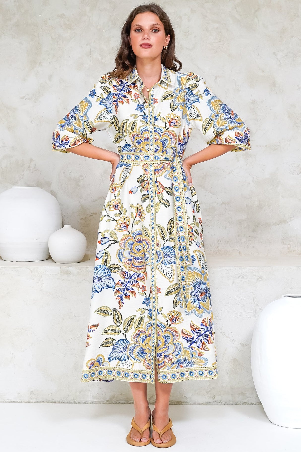 Francis Midi Dress - Collared Shirt Dress with Matching Belt in Elle Print White