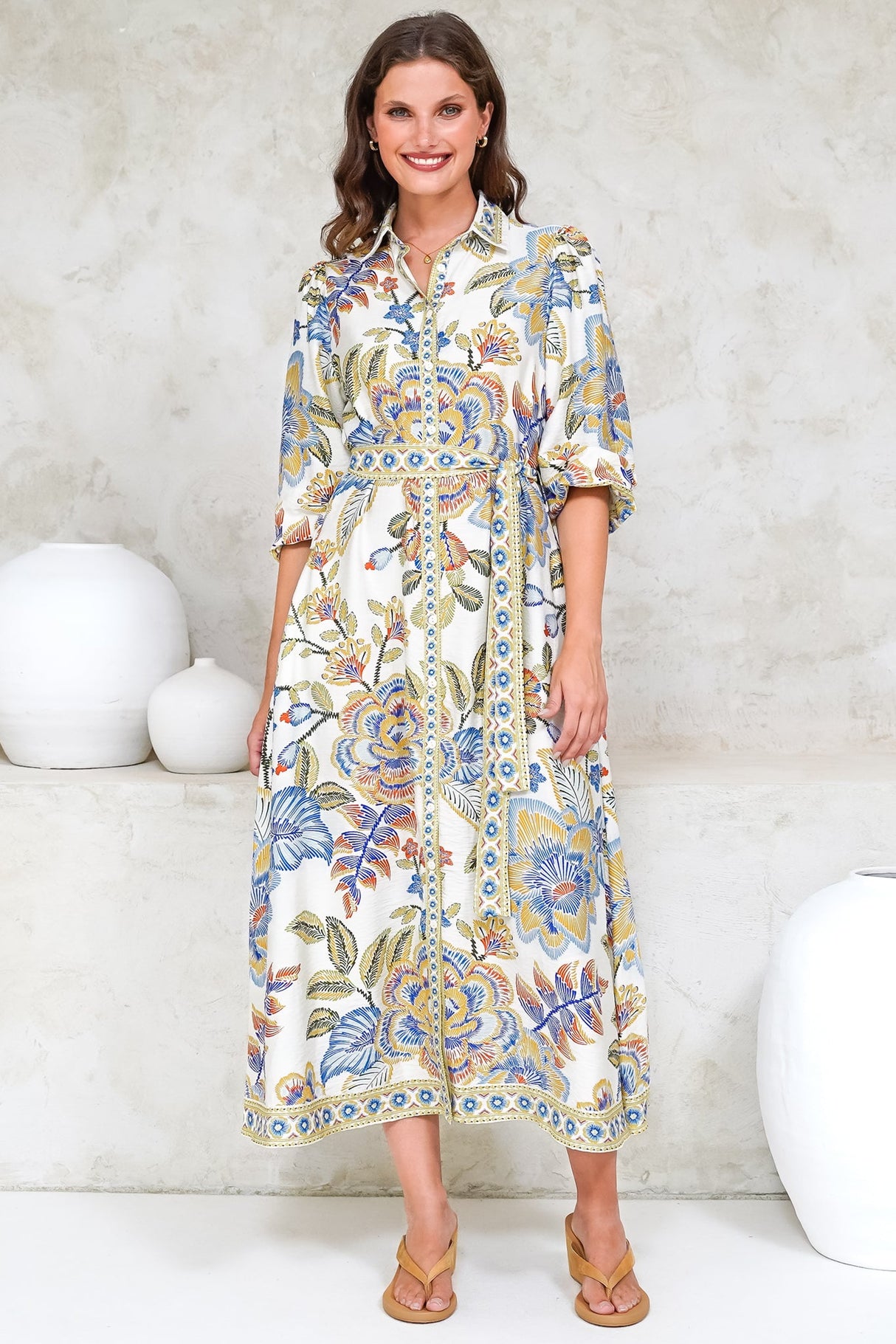 Francis Midi Dress - Collared Shirt Dress with Matching Belt in Elle Print White