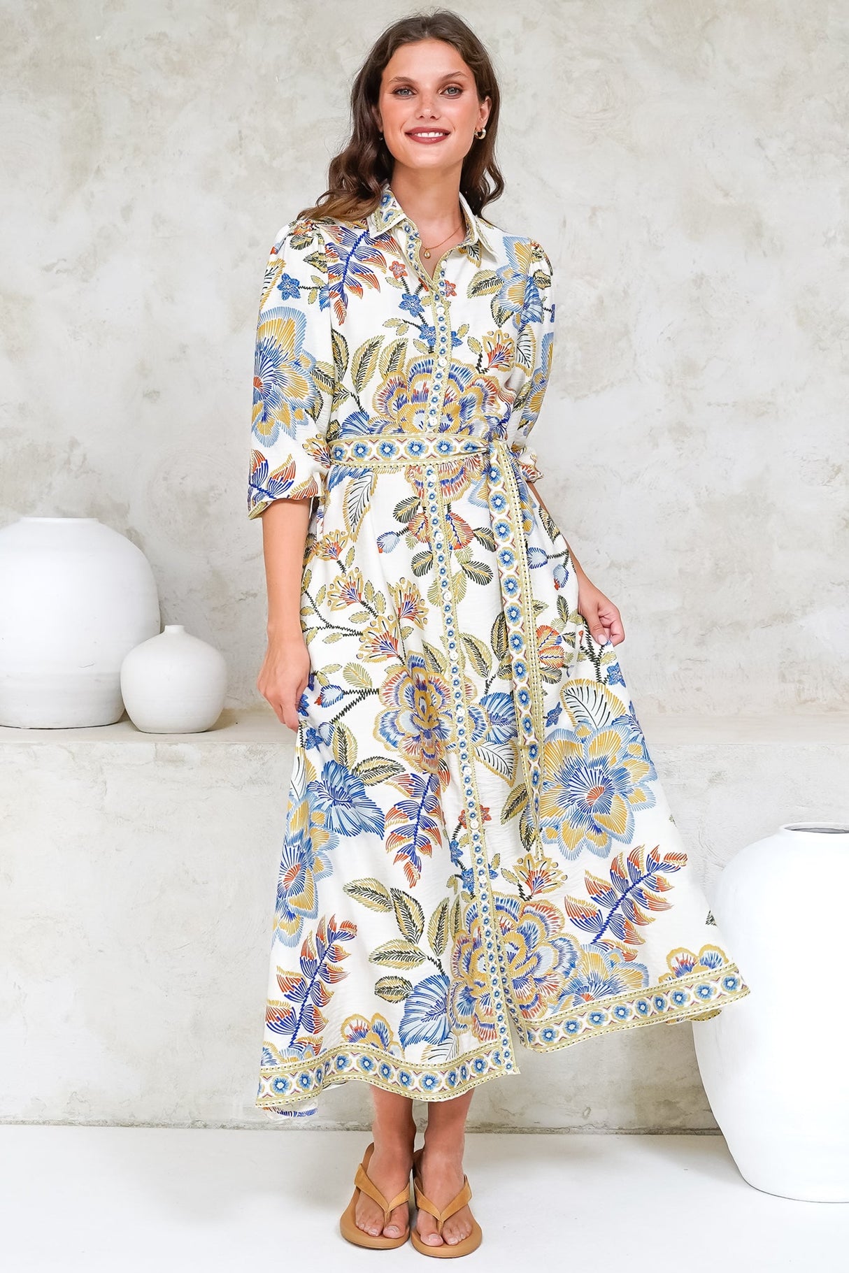 Francis Midi Dress - Collared Shirt Dress with Matching Belt in Elle Print White