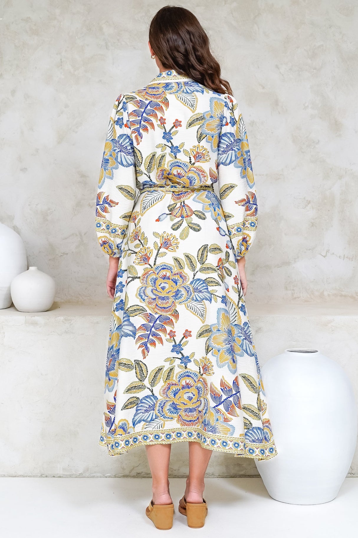 Francis Midi Dress - Collared Shirt Dress with Matching Belt in Elle Print White