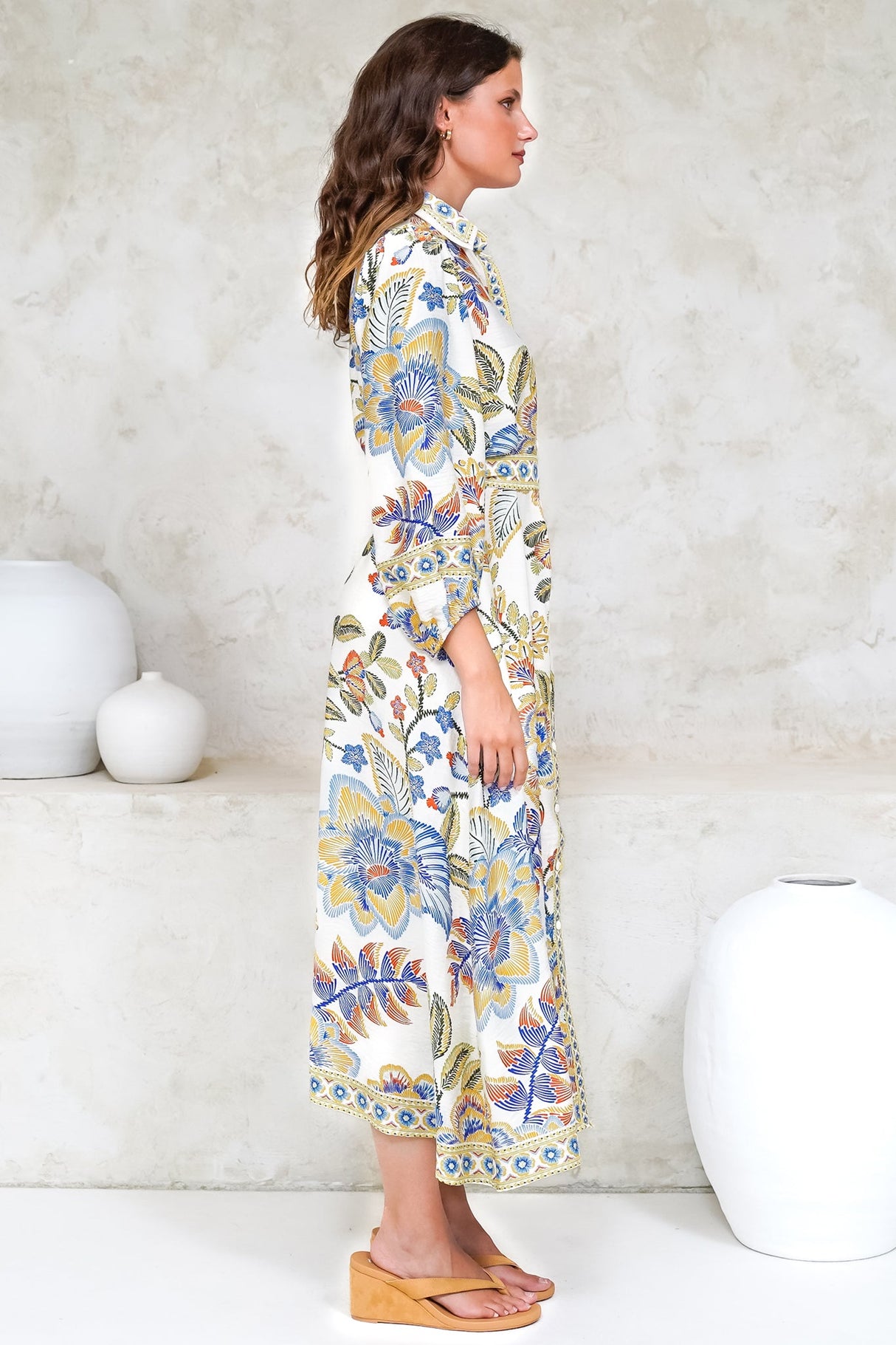 Francis Midi Dress - Collared Shirt Dress with Matching Belt in Elle Print White