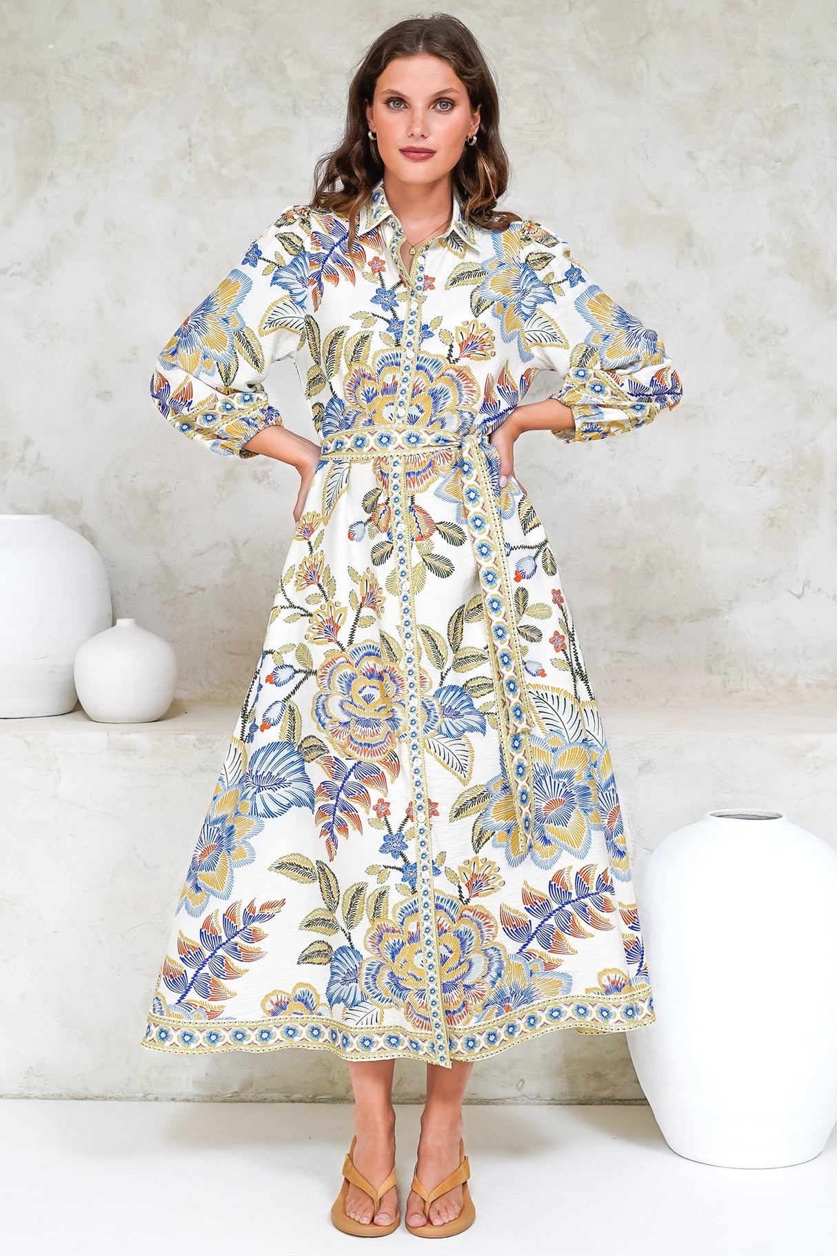 Francis Midi Dress - Collared Shirt Dress with Matching Belt in Elle Print White