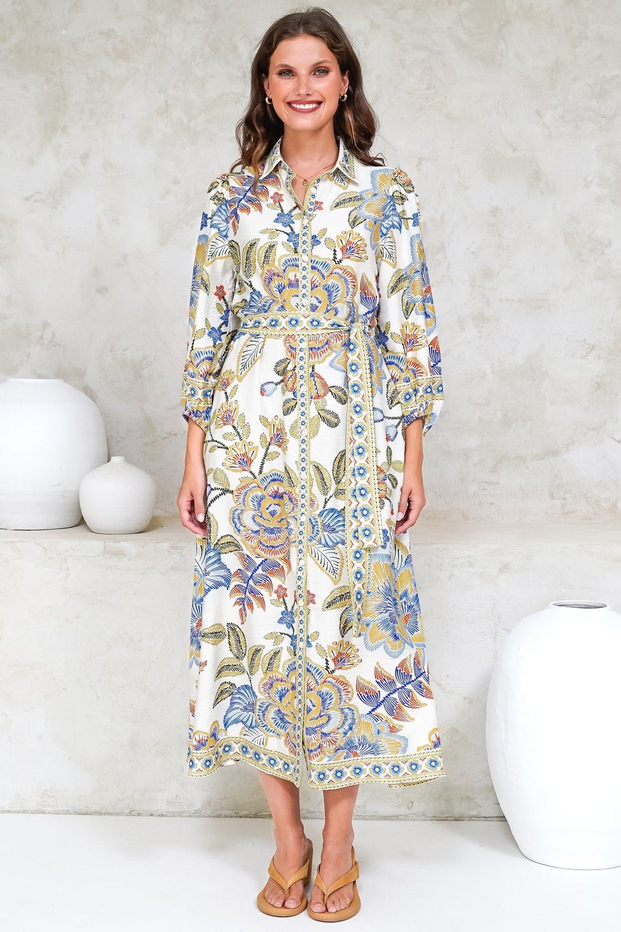 Francis Midi Dress - Collared Shirt Dress with Matching Belt in Elle Print White