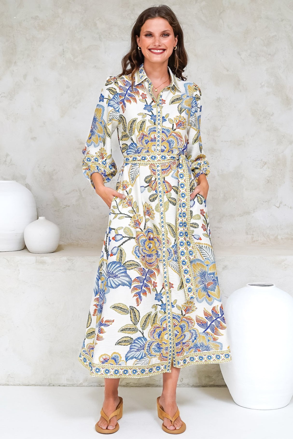 Francis Midi Dress - Collared Shirt Dress with Matching Belt in Elle Print White