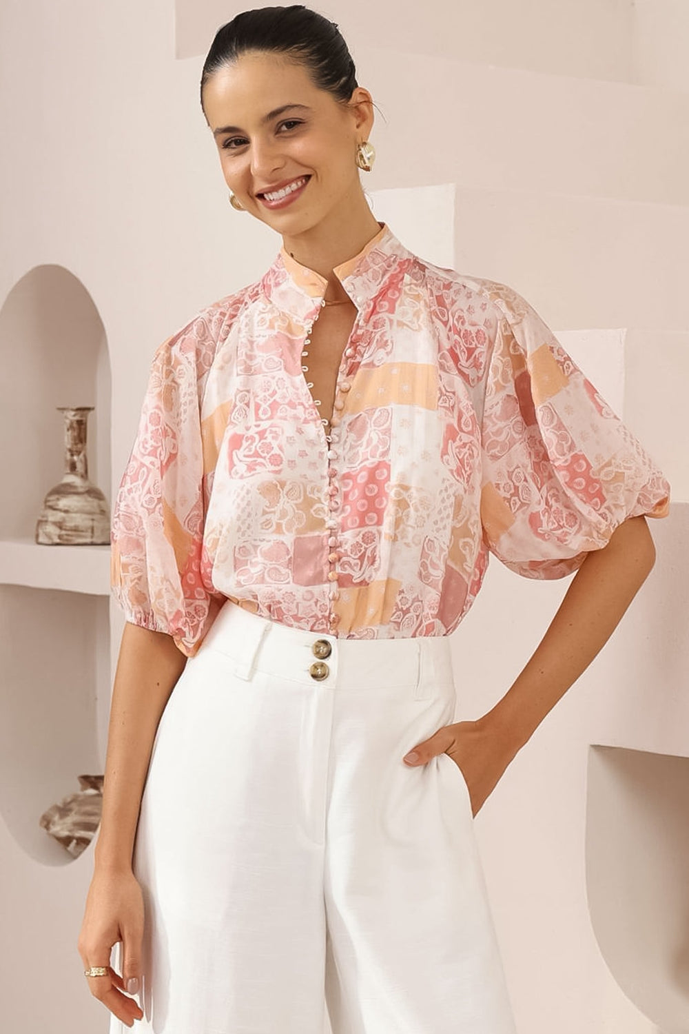 Frankie Blouse - High Mandarin Collar Buttoned Down Top in Hannah Print