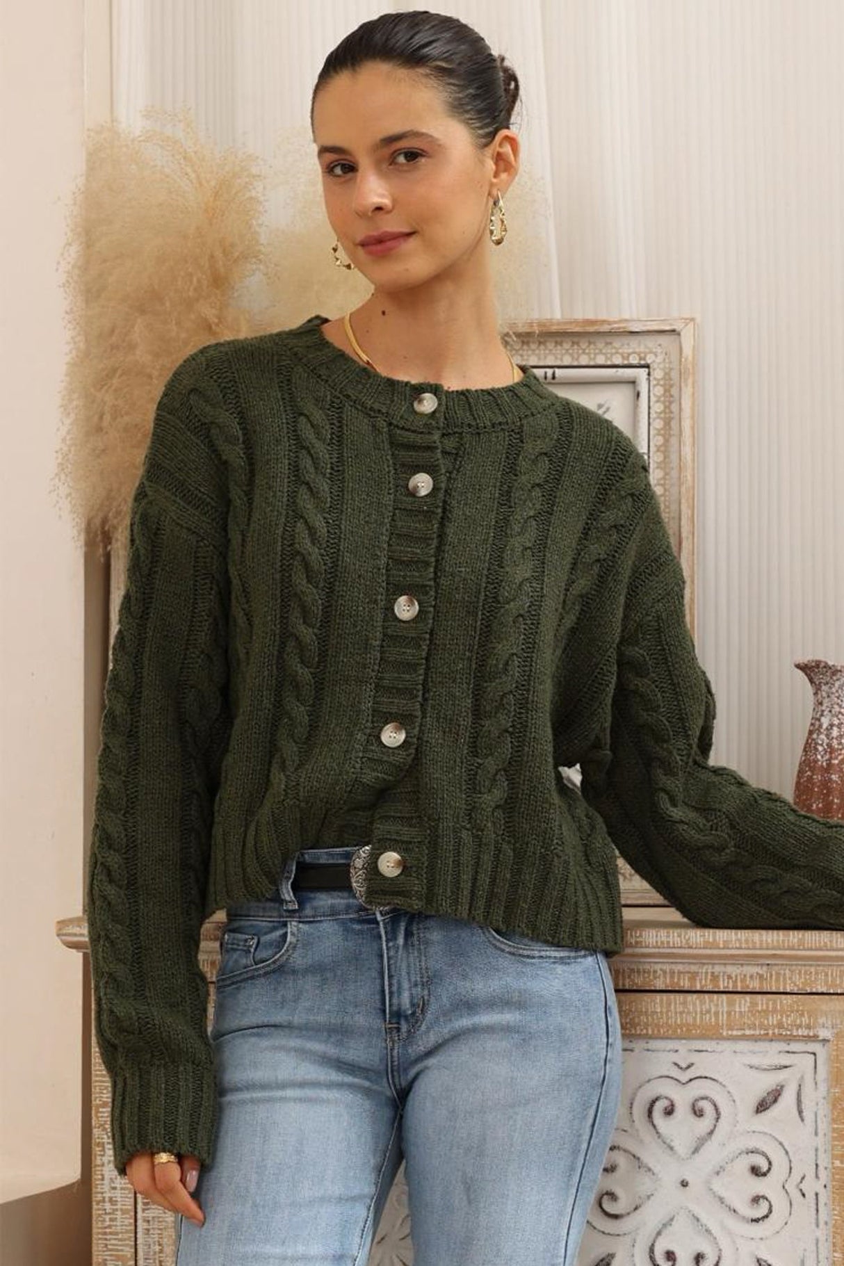Freddy Cardigan - Button Front Crew Neck Cable Knit Cardigan in Green