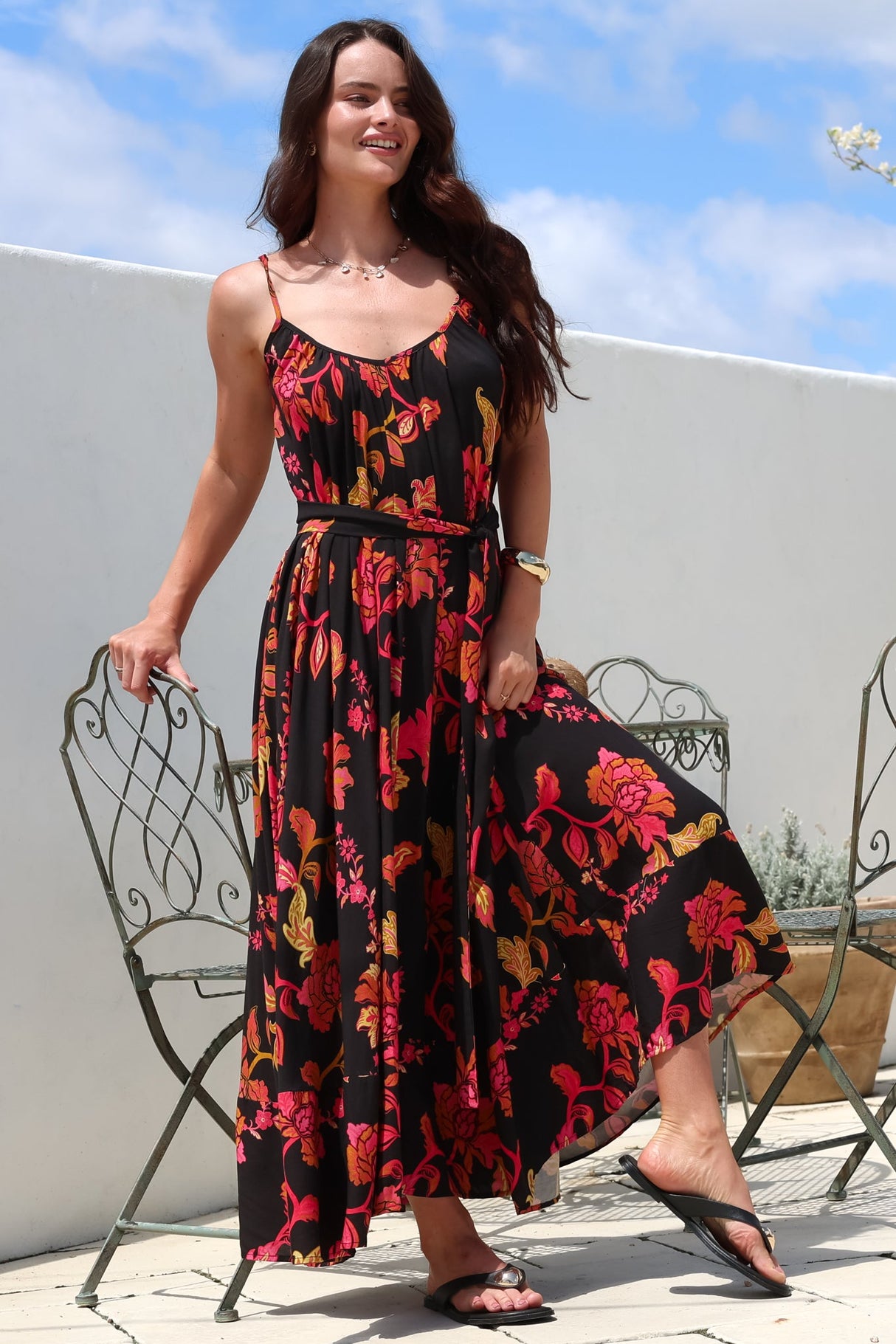 Frederique Maxi Dress - Relaxed Sun Dress with Detachable Waist Tie in Valerie Print