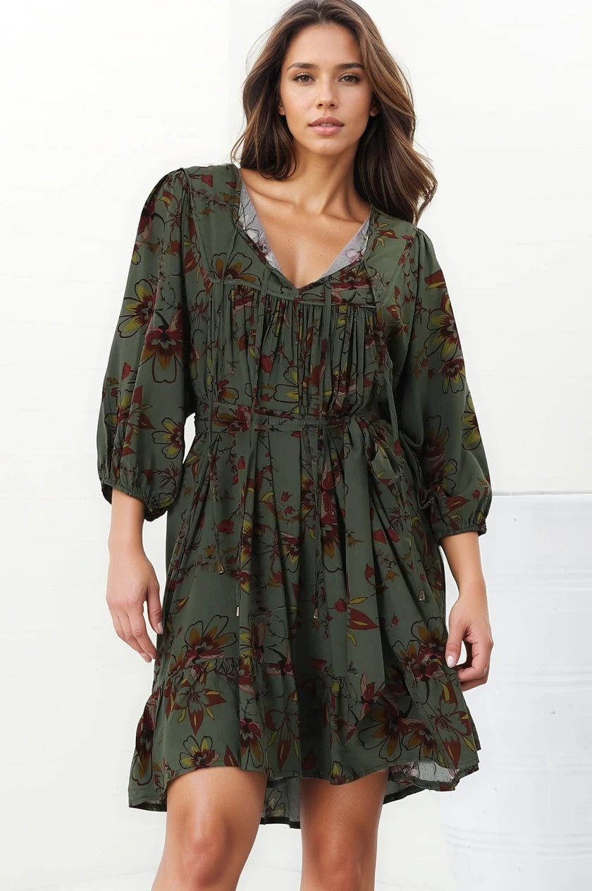 French Mini Dress - Yoke Neckline Dress with Matching Belt in Esme Print