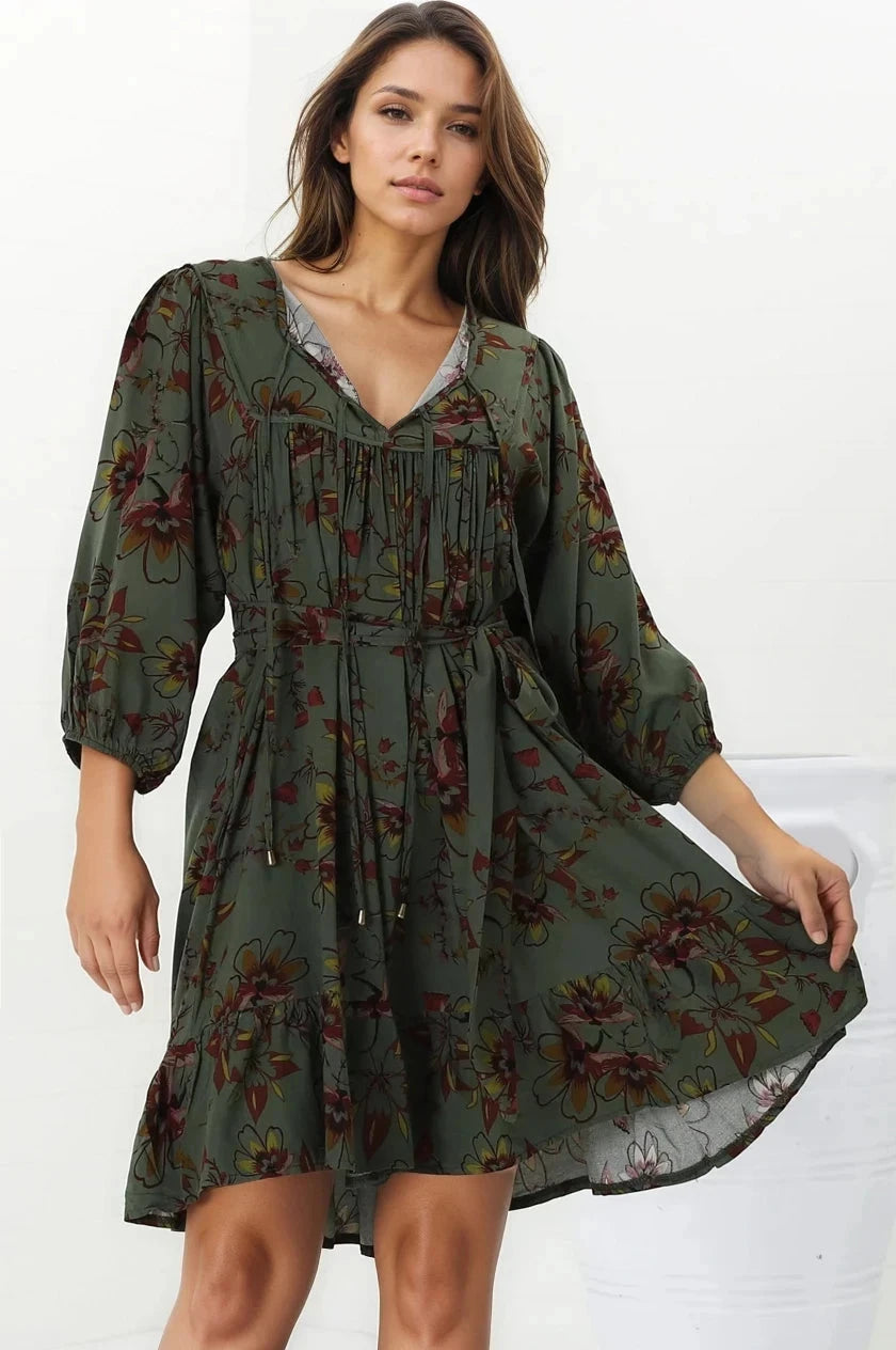 French Mini Dress - Yoke Neckline Dress with Matching Belt in Esme Print