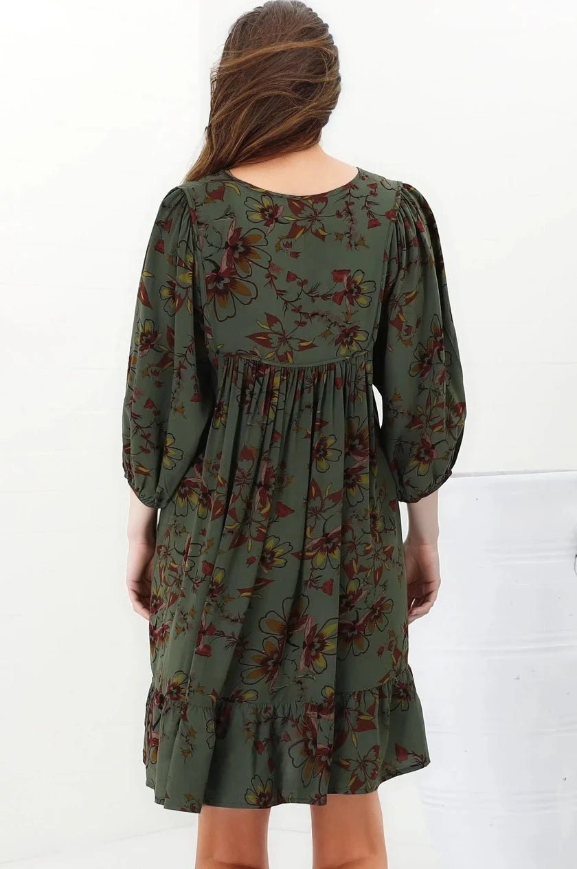 French Mini Dress - Yoke Neckline Dress with Matching Belt in Esme Print