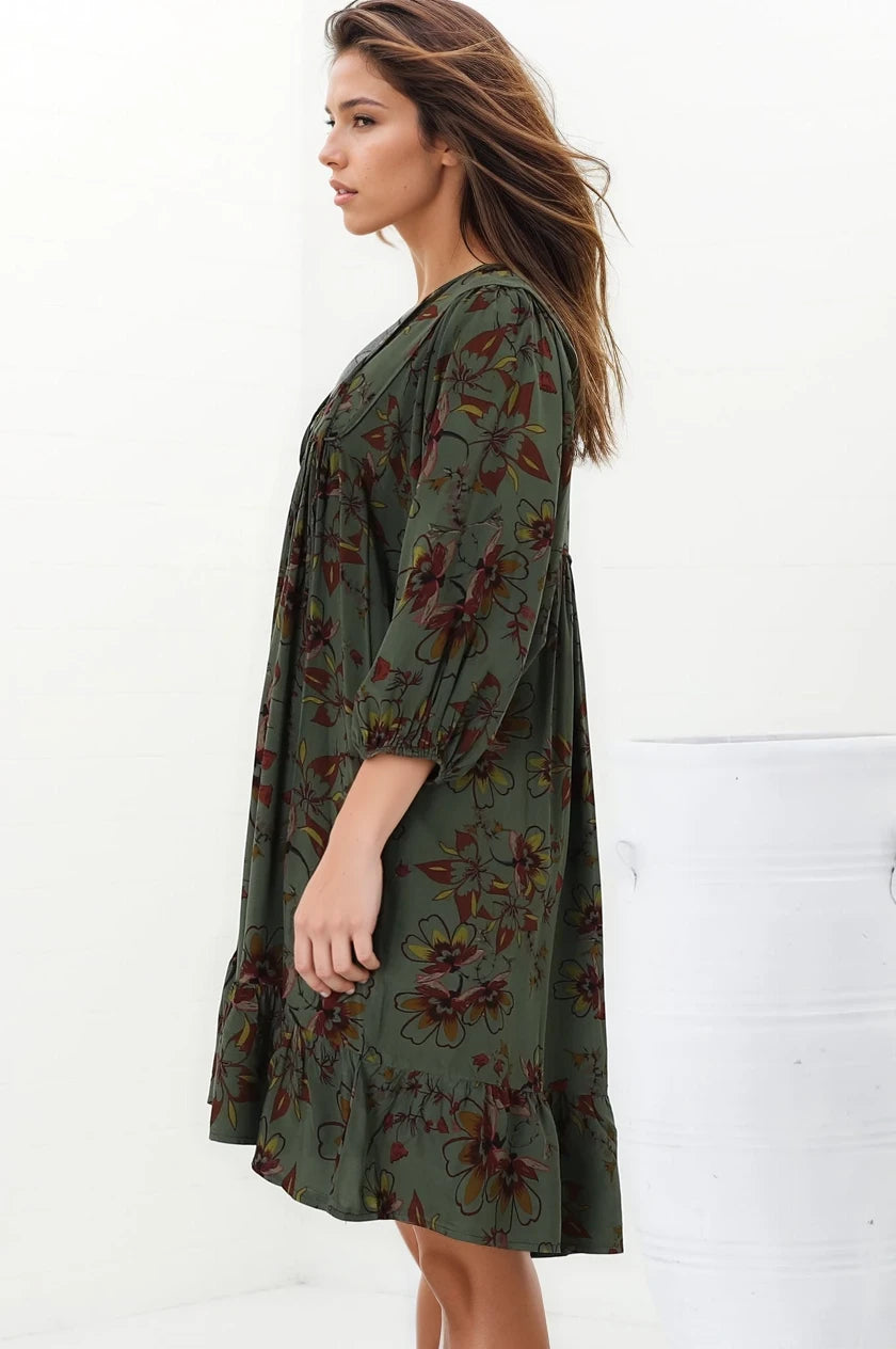 French Mini Dress - Yoke Neckline Dress with Matching Belt in Esme Print