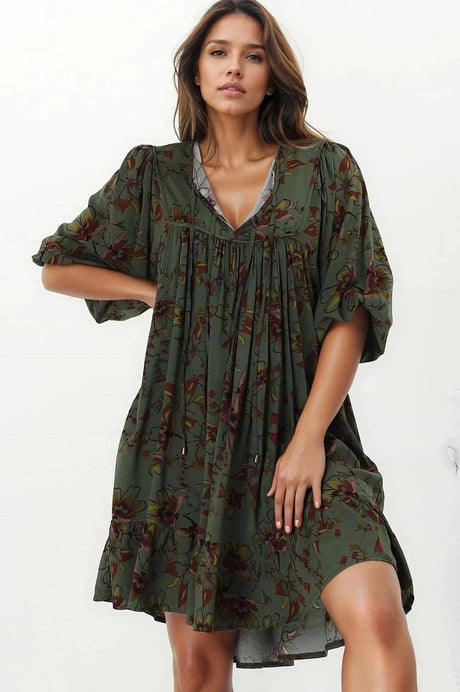 JAASE - French Mini Dress: Yoke Neckline Dress with Matching Belt in Esme Print